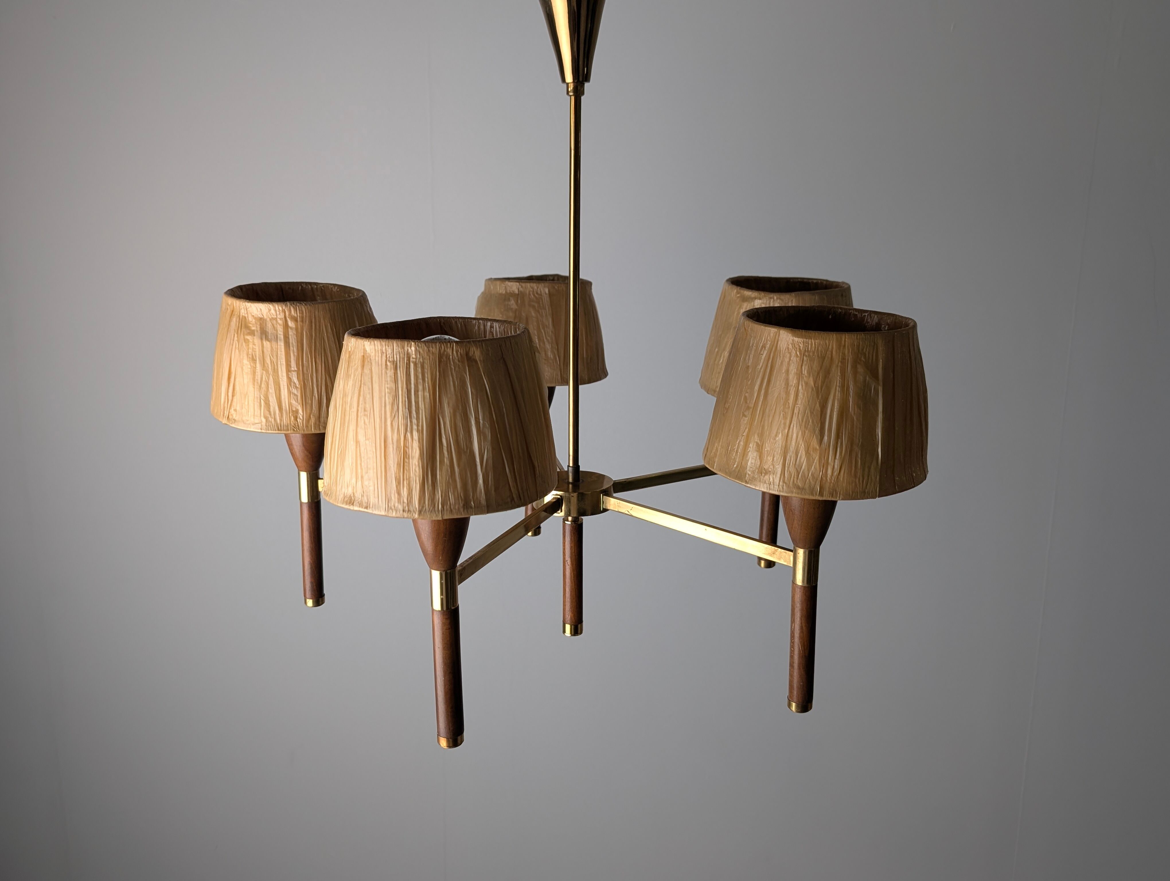 Danish five-arm lamp in wood and brass, 1950s