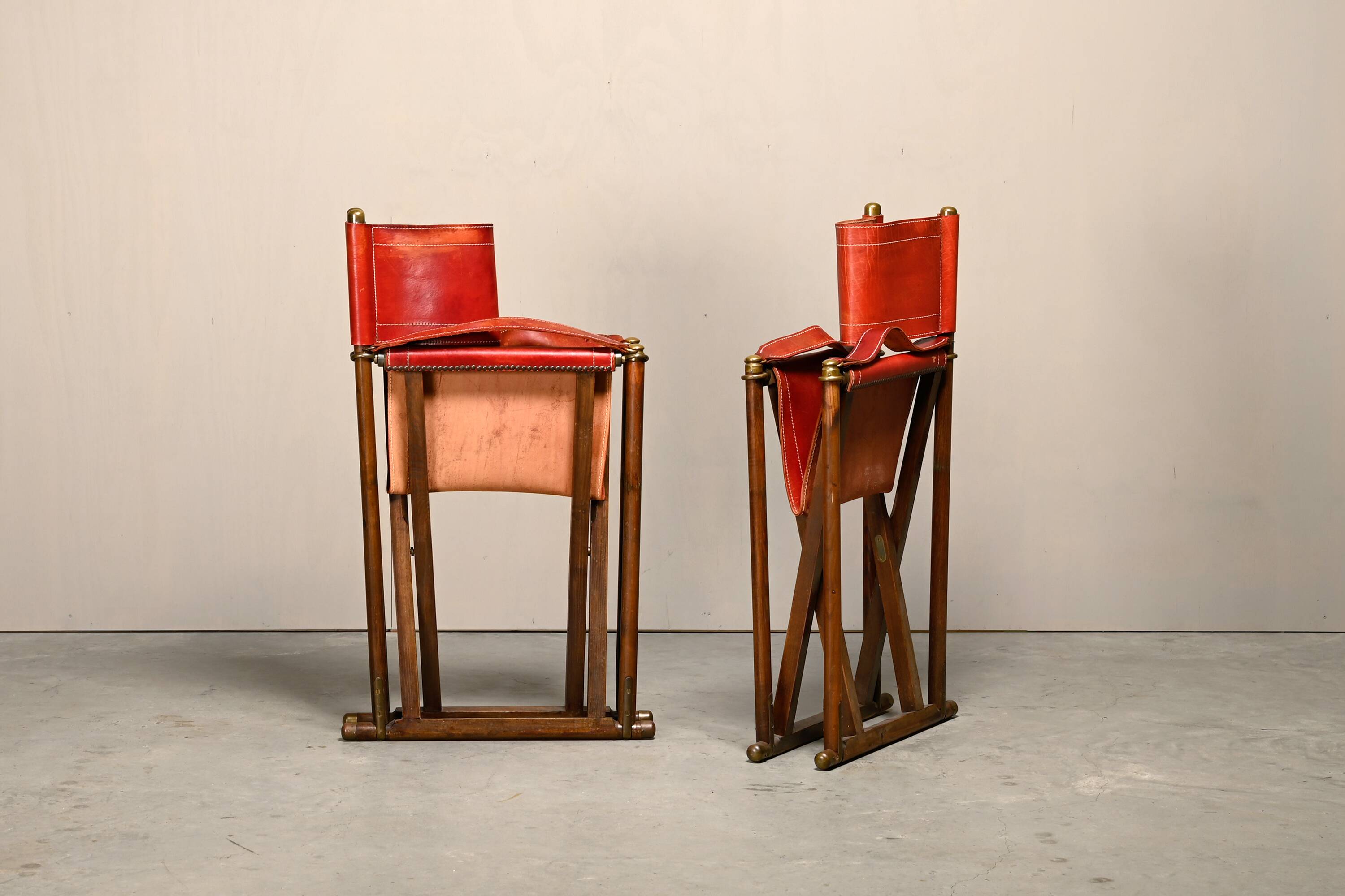 Pair Mogens Koch MK-16 Folding Chair in Oak Wood with Red Leather for Valma