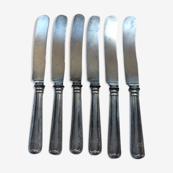 Lot de six couteaux anciens en métal argenté lame acier dimension : hauteur -25cm- l-2,5cm-