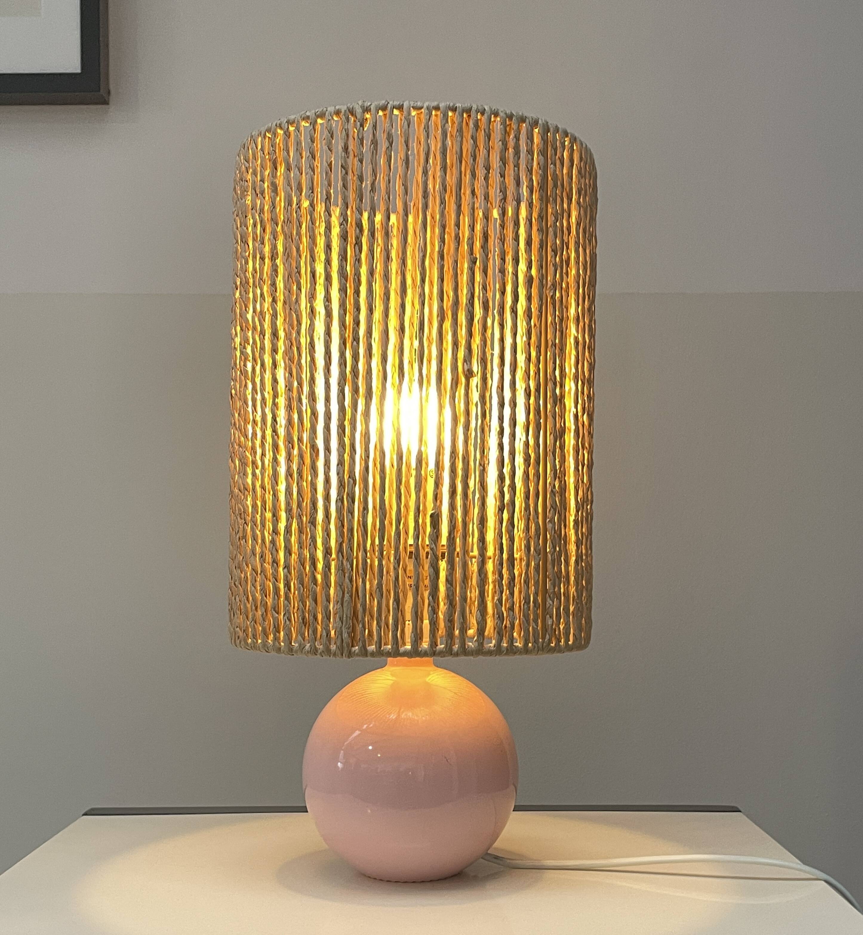 Pink Ceramic Ball Lamp - Hemp Shade - Vintage - 1980s