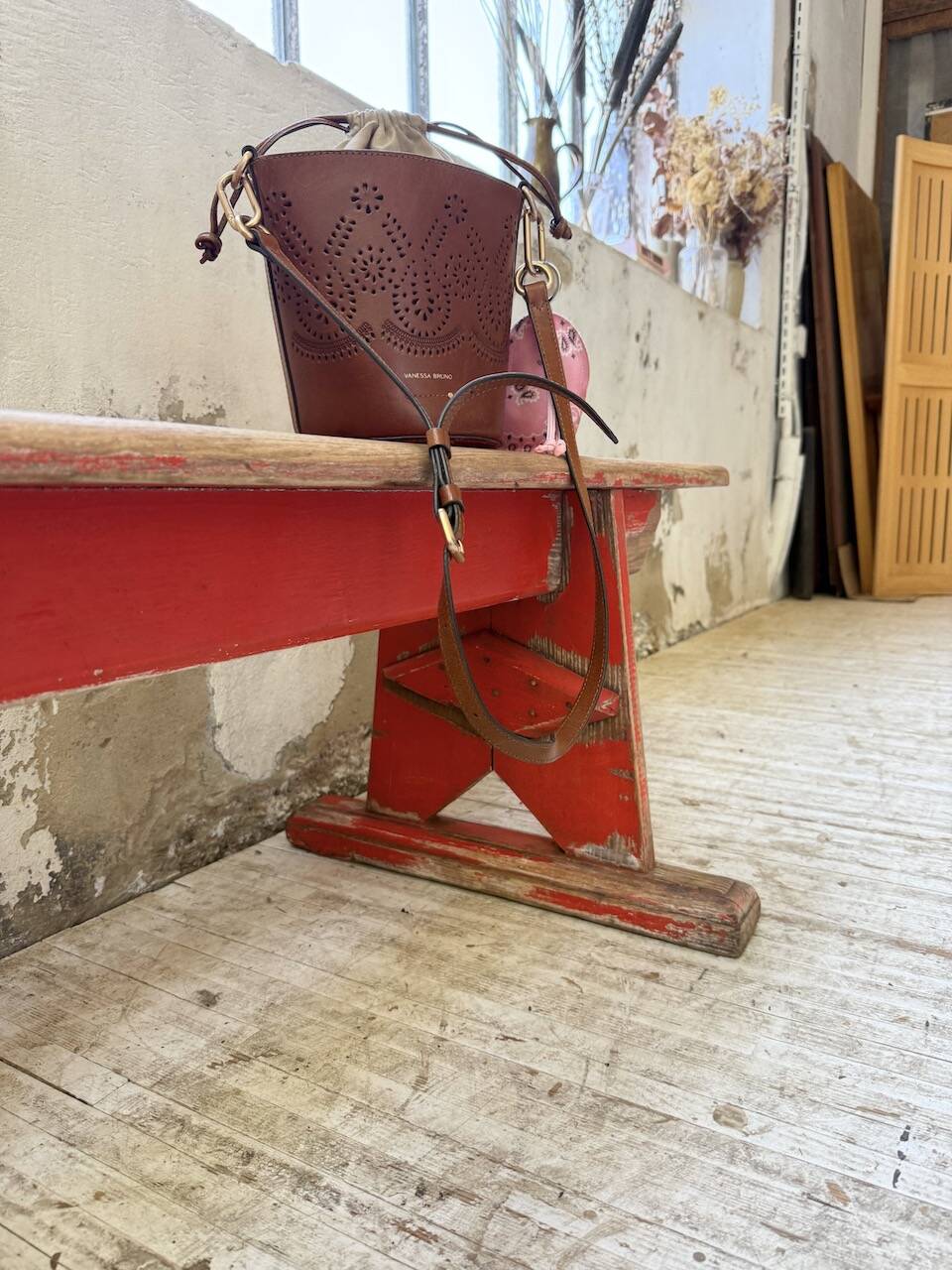 1950s oak bench with red patina, 2m
