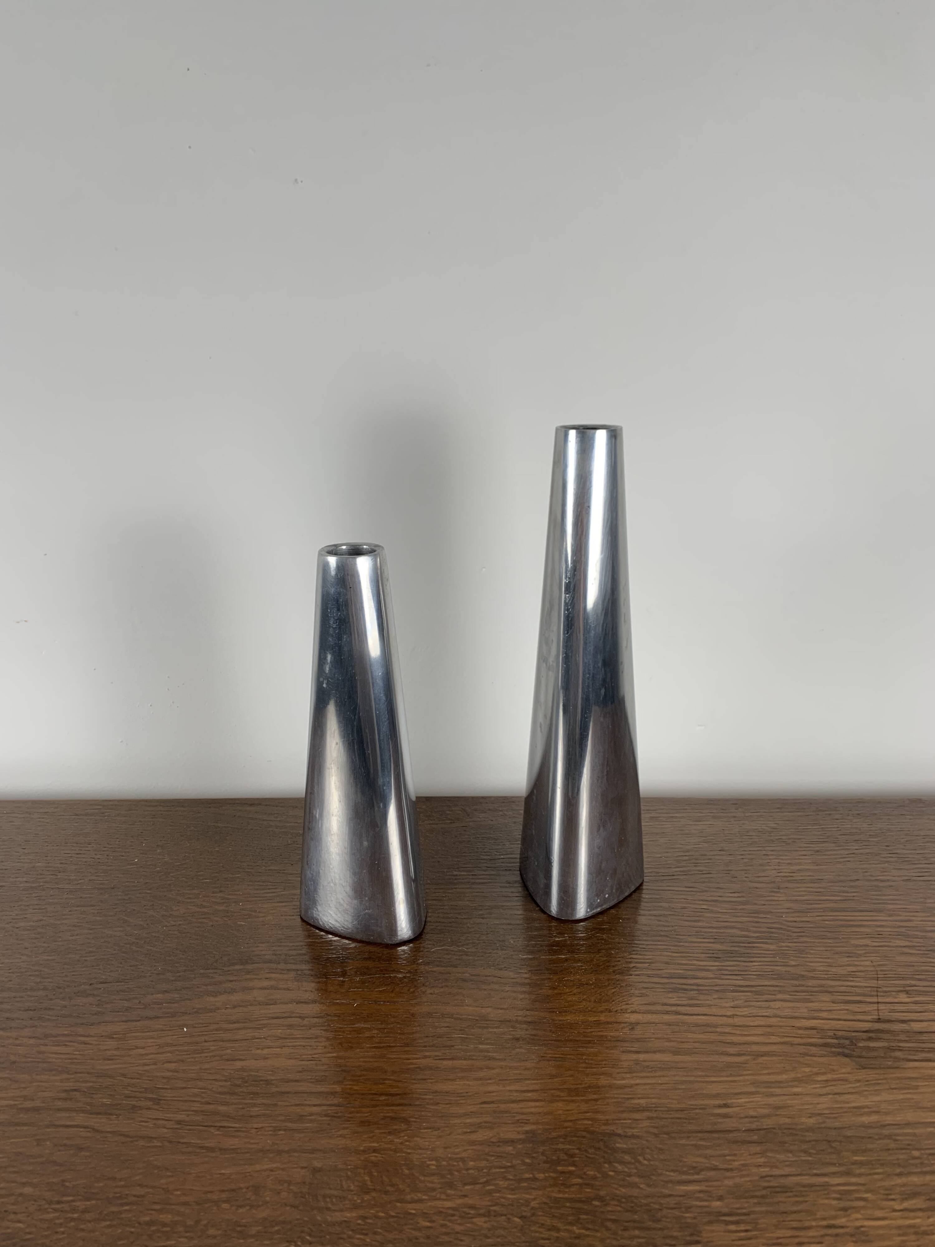Duo of silver aluminum candle holders, Ikea 1980