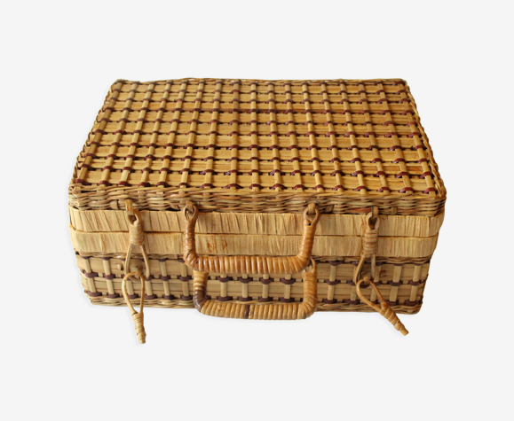 Valise décorative en rotin avec couvercle, tressée, vintage des années 1970