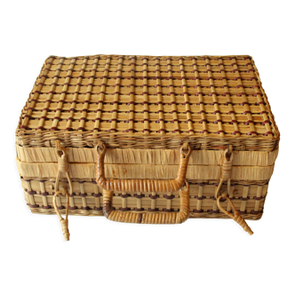 Decorative rattan suitcase with lid, braided, vintage from the 1970s