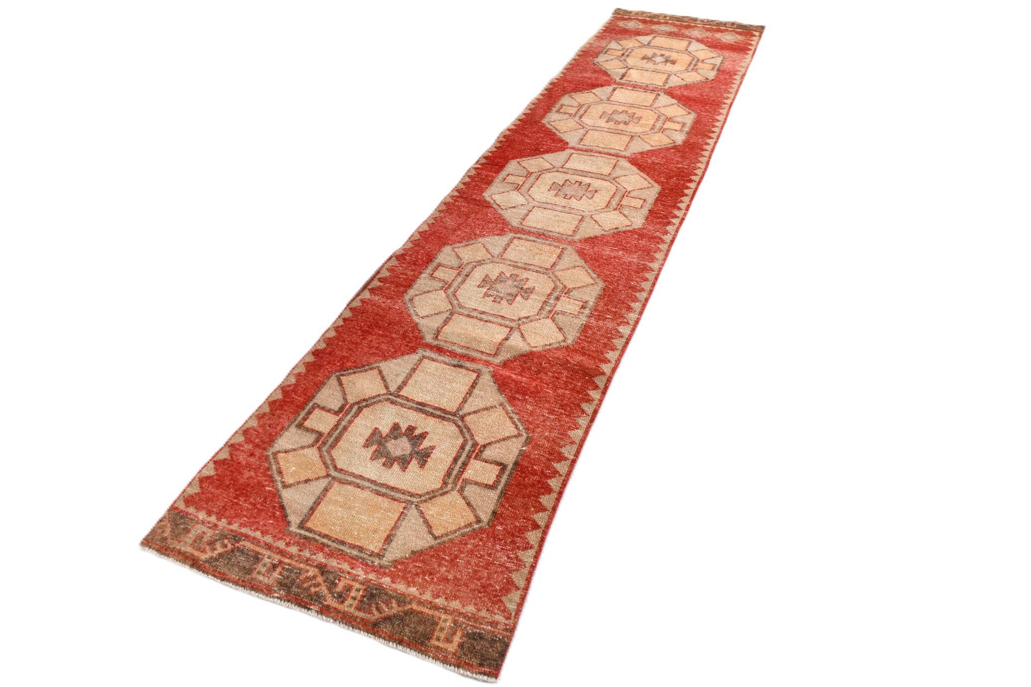 Turkish Red & Cream Oriental Vintage Runner Ruıg, 87x379Cm