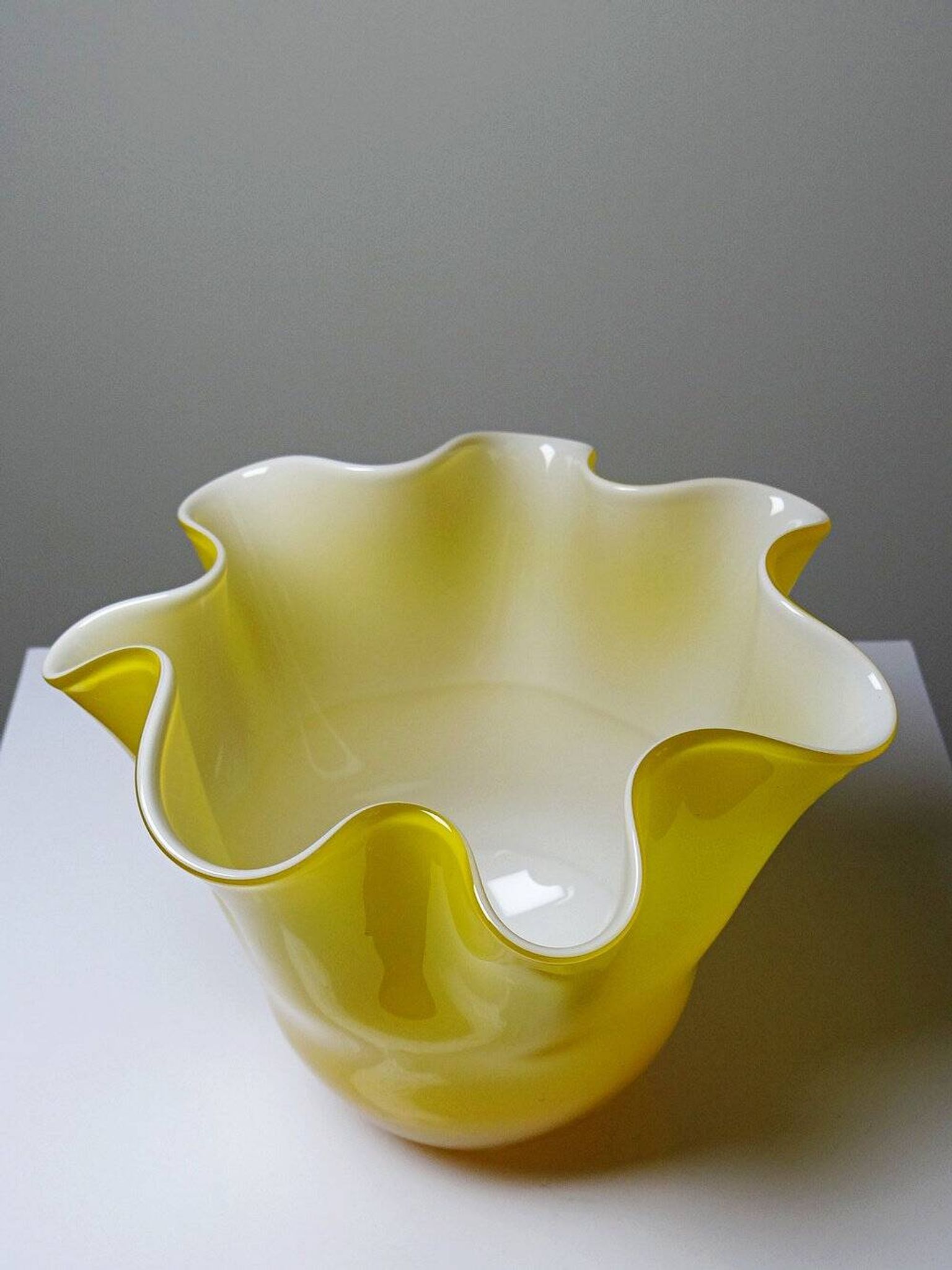 Fazzoletto vase in blown Italian glass, yellow opaline lined, Murano 1960-70.