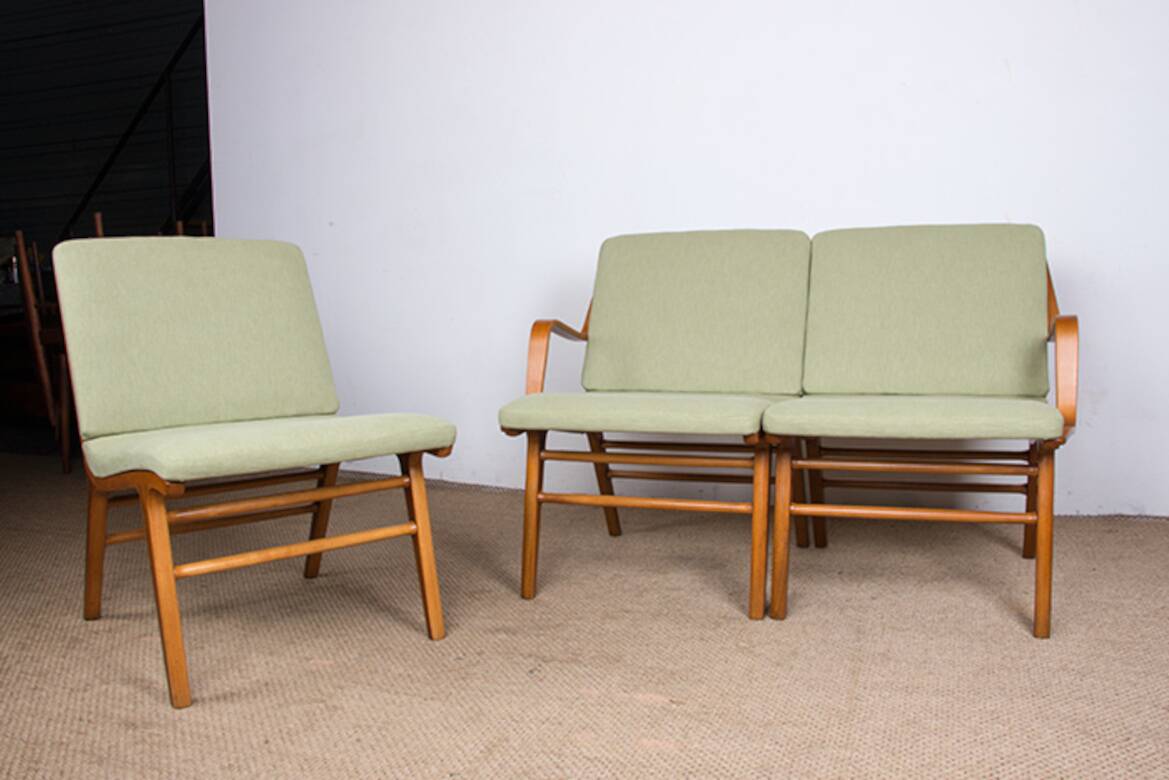 Danish 3-seater sofa in laminated beech and mahogany model AX by Peter Hvidt and Orla Molgaard-Nielsen for Fritz Hansen 1960