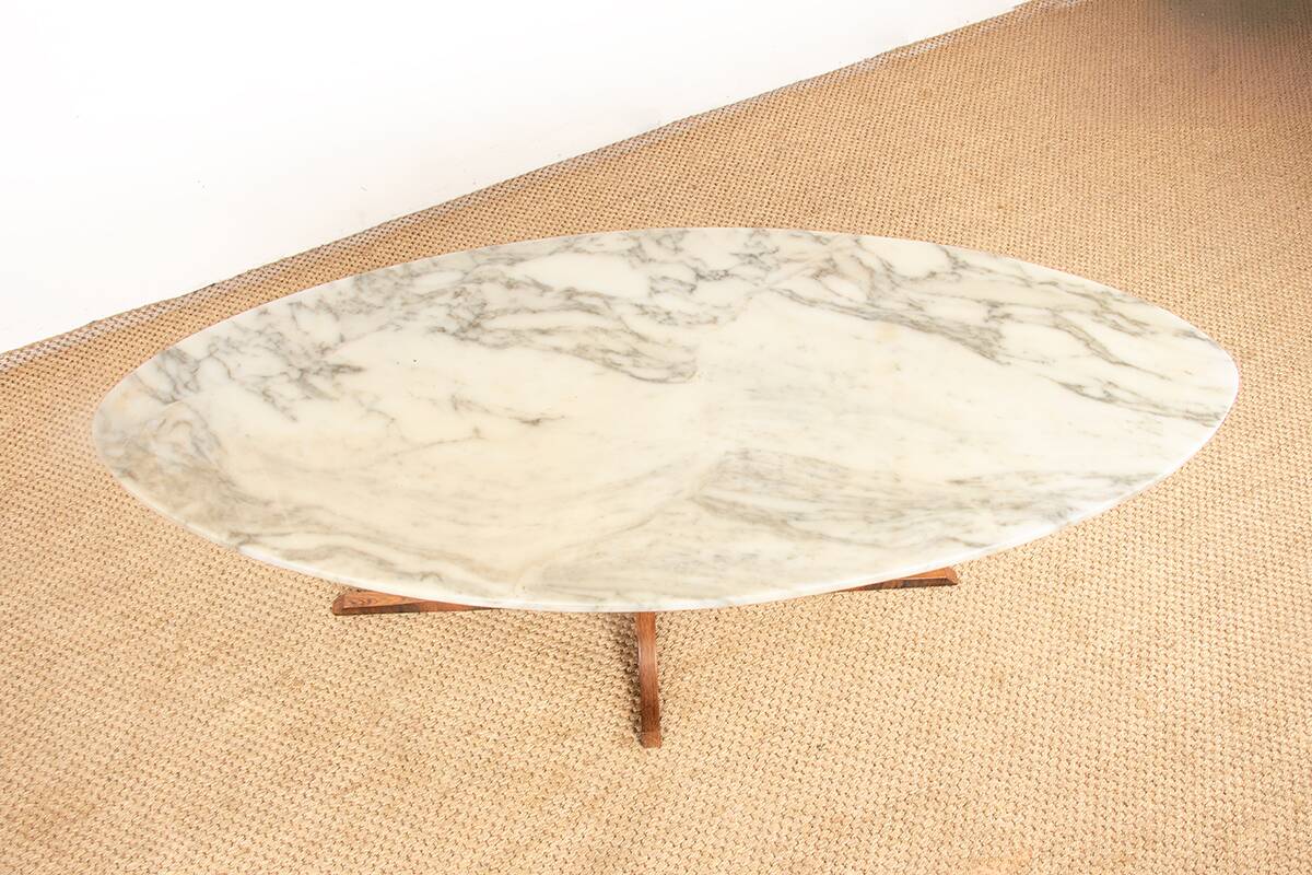 Oval coffee table in Carrara marble and rosewood, Hugues Poignant 1960