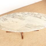 Oval coffee table in Carrara marble and rosewood, Hugues Poignant 1960
