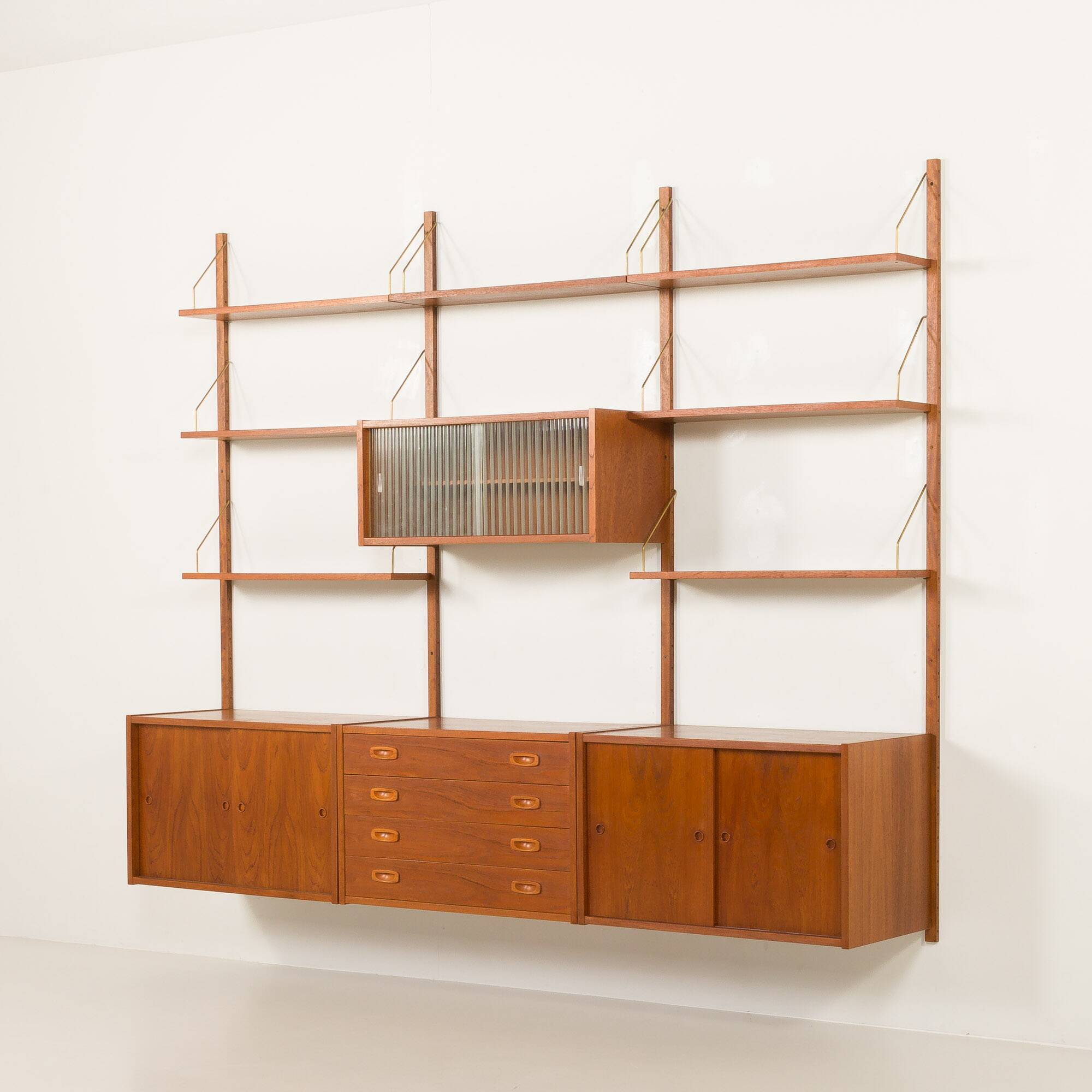 Preben Sorensen PS System three bay teak wall unit, Randers, Denmark 1960s