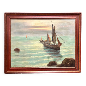 Peinture à l'huile sur toile de scène marine du début du 20ème siècle, signée