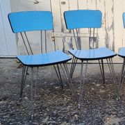 Large blue formica table, SIF brand, vintage, eiffel legs, and its 6 chairs, 50s