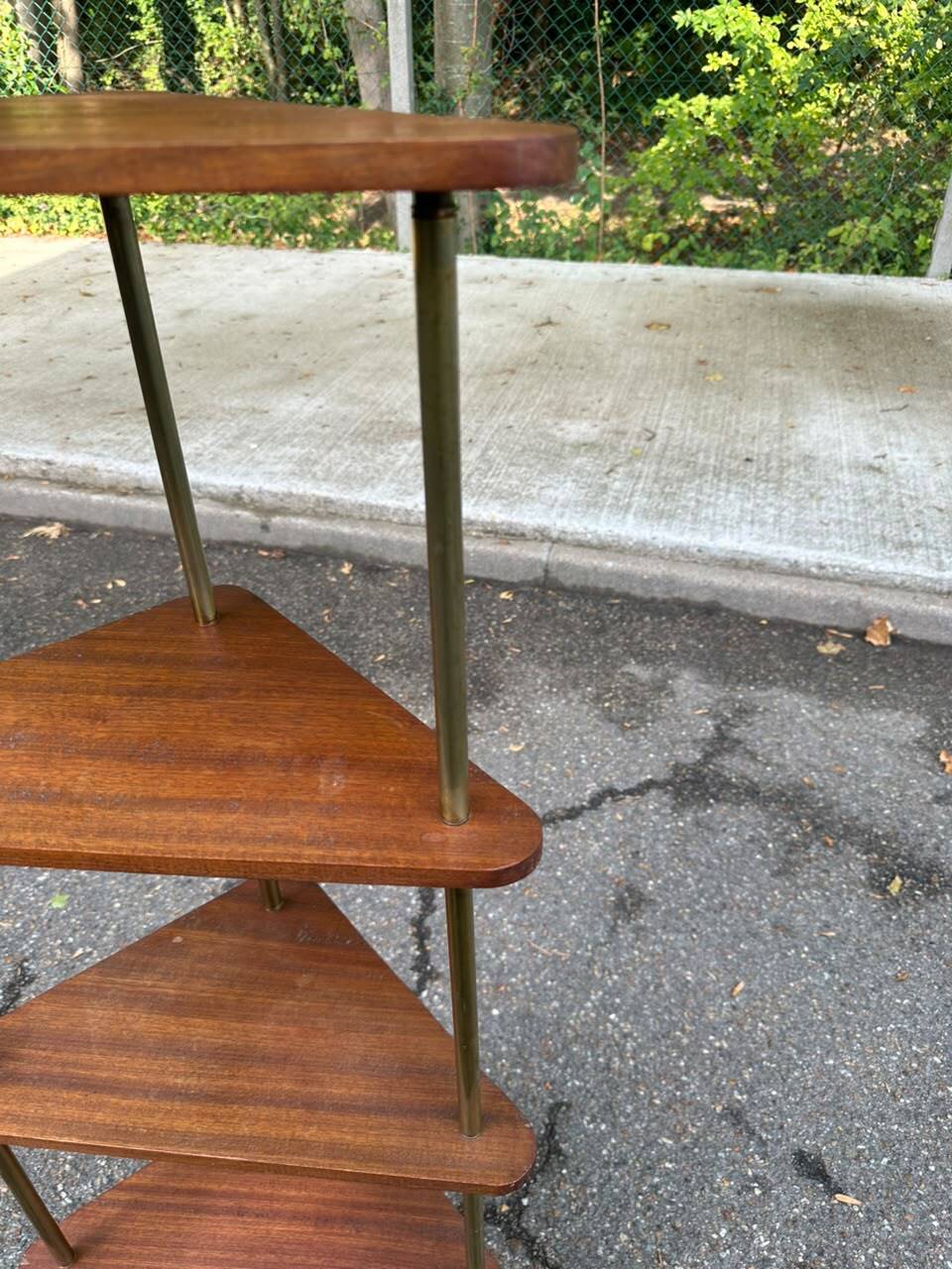 Mid-Century 4-Tier Corner Shelf in Solid Teak/Mahogany Brass 1960