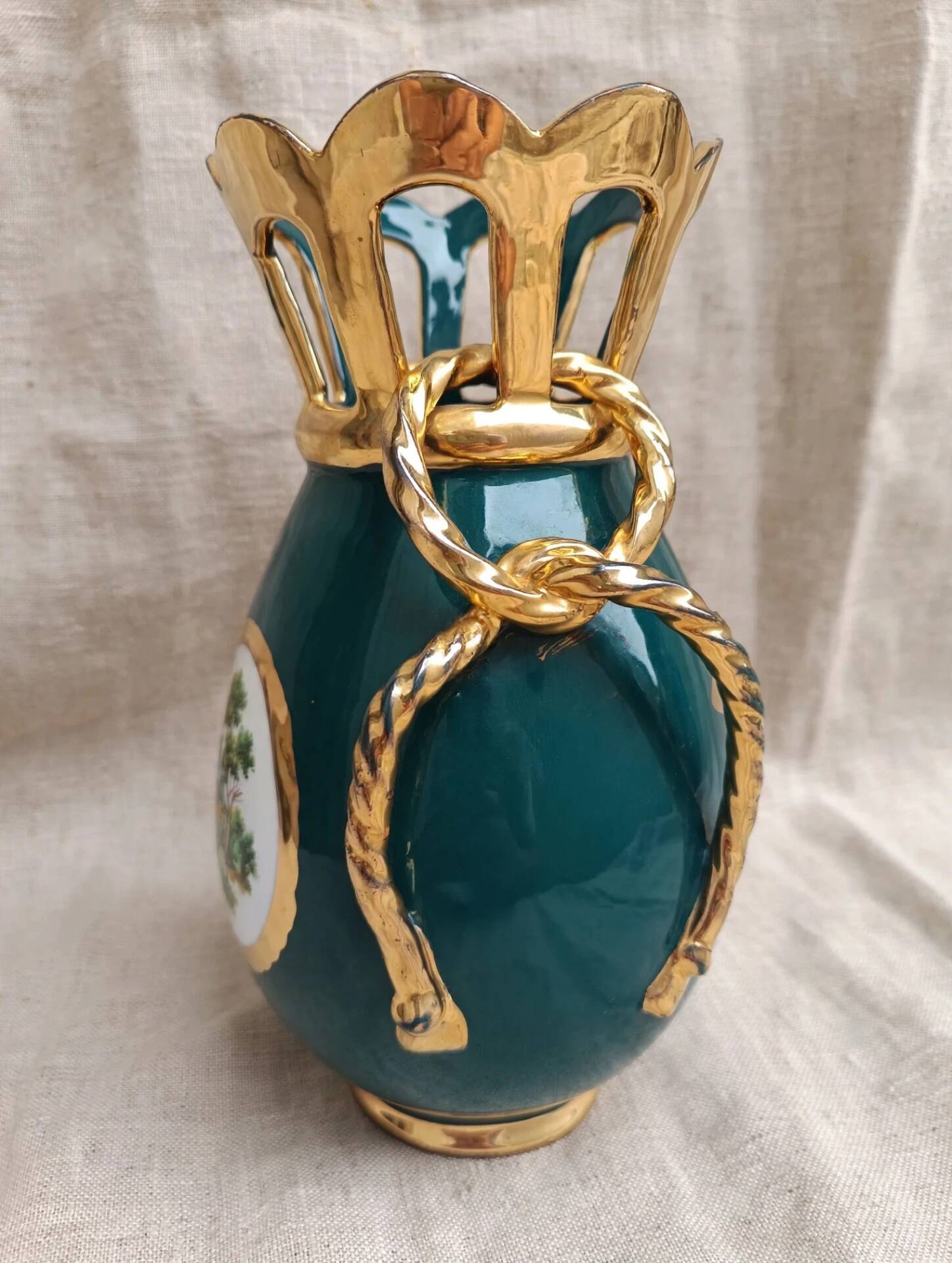 Italian lilac crown vase 26cm - emerald green & gold - vintage 60s year