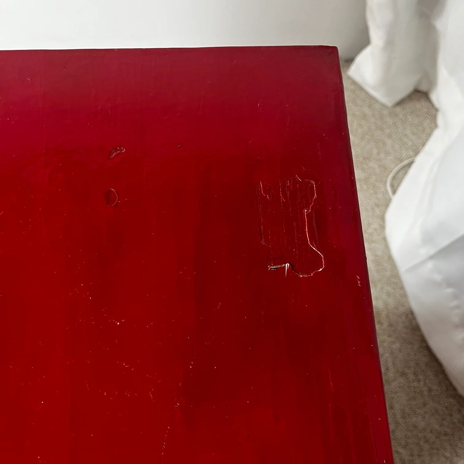 Small workshop furniture in red lacquered pine, 1980.