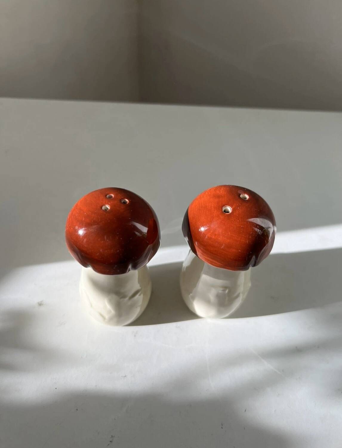 Mushroom-shaped ceramic salt and pepper shakers