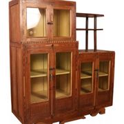 Antique Art Deco display cabinet in Burmese teak with original yellow patina interior.
