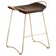 Contemporary kitchen stool in aged brass and dark brown leather.