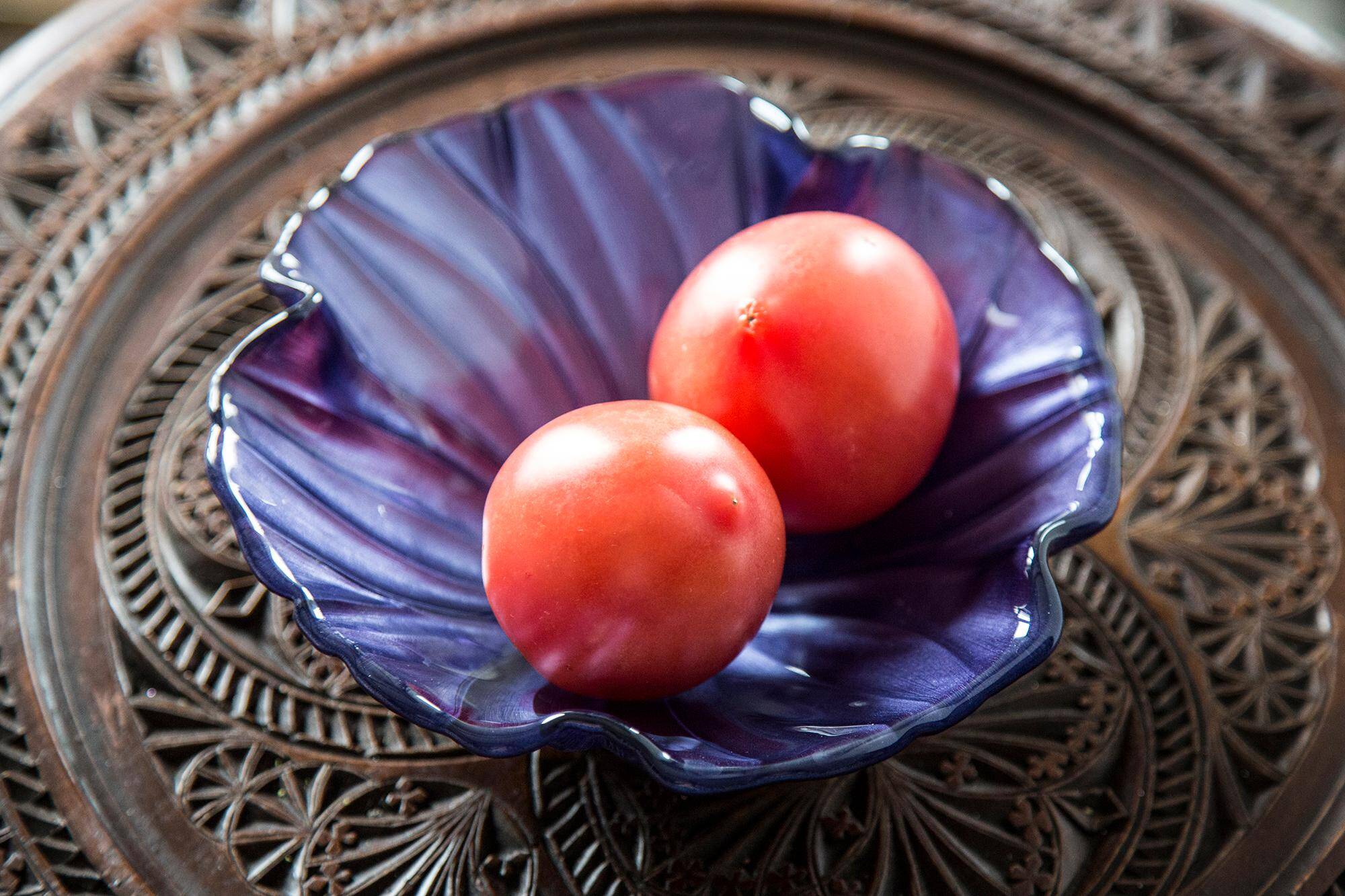 Vintage decorative glass plate in purple with flower pattern, Italy, 1960s.