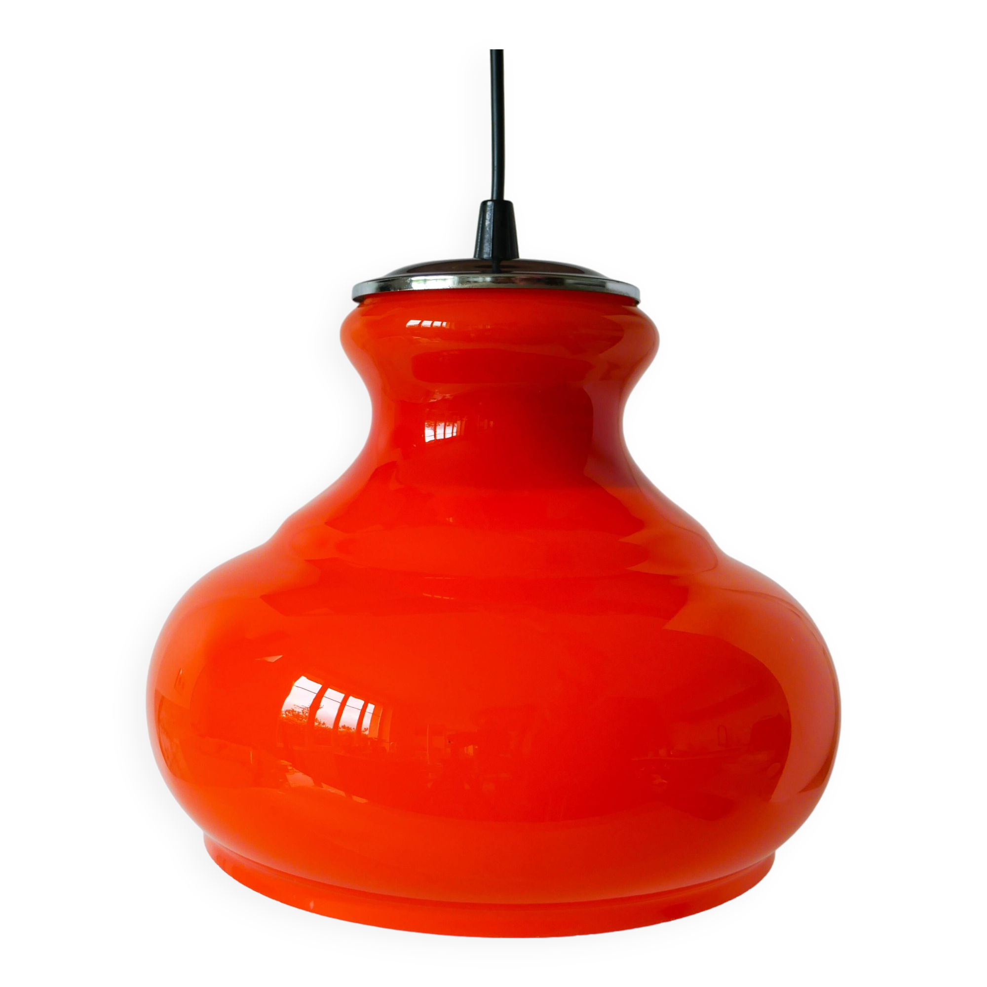 Orange opaline pendant light with metal arch, Design, 1970