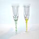 Murano set of 2 yellow green filigree glass champagne flutes