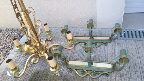Luminaire Art déco Magnifique Lustre 5 feux disques verre DLG SUBES ADNET LELEU