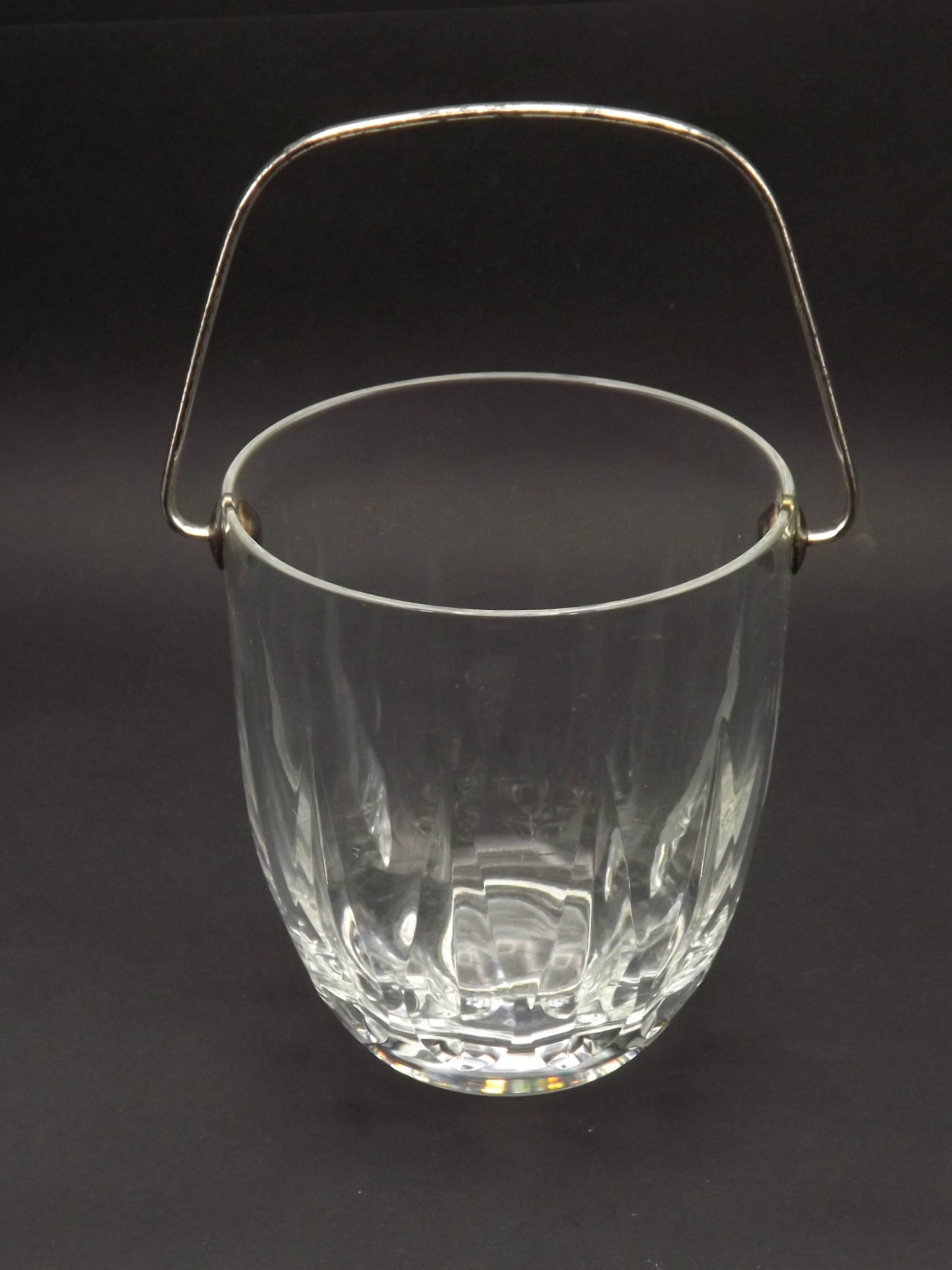 Vintage French heavy cut glass ice bucket with silver metal carry handle 4504.