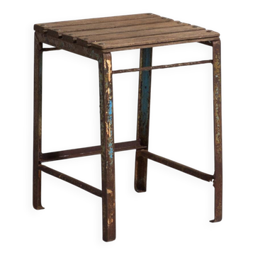Vintage industrial stool made of pine wood and iron – Central Europe, around 1950