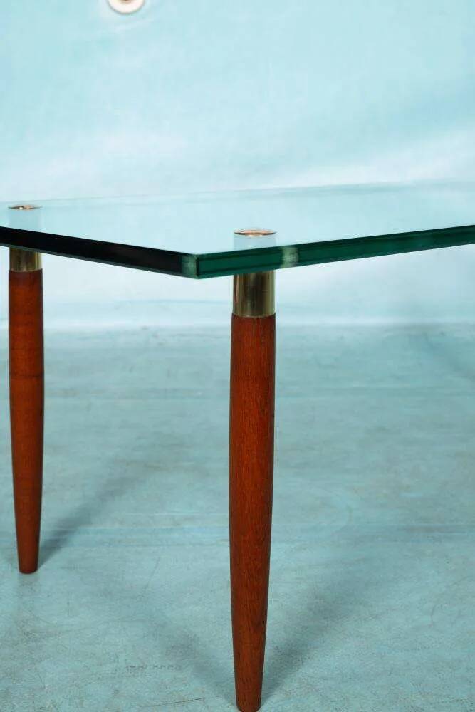 Vintage coffee table glass teak brass, mid-century coffee table.