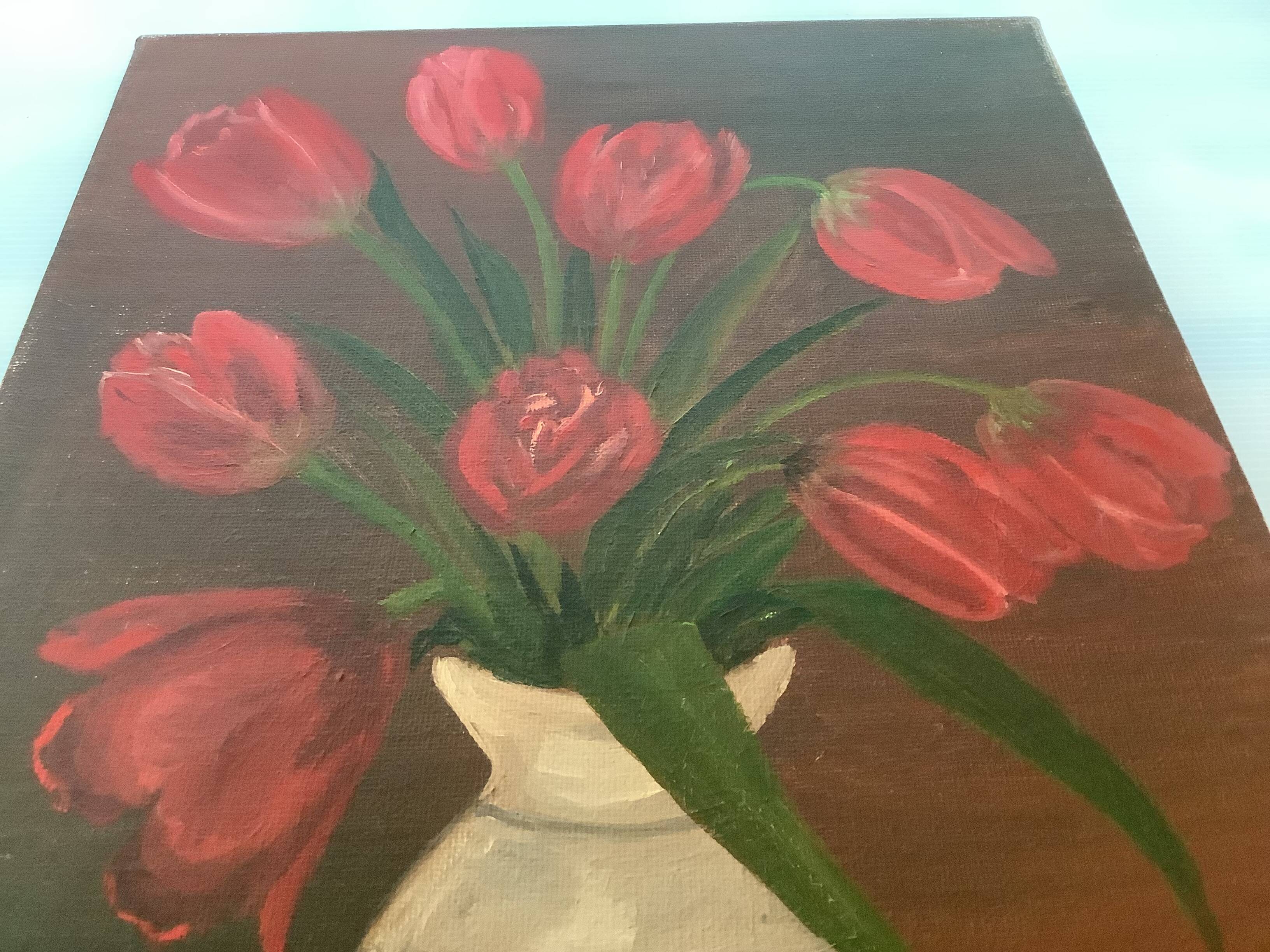 Painting bouquet of tulips oil on canvas signed