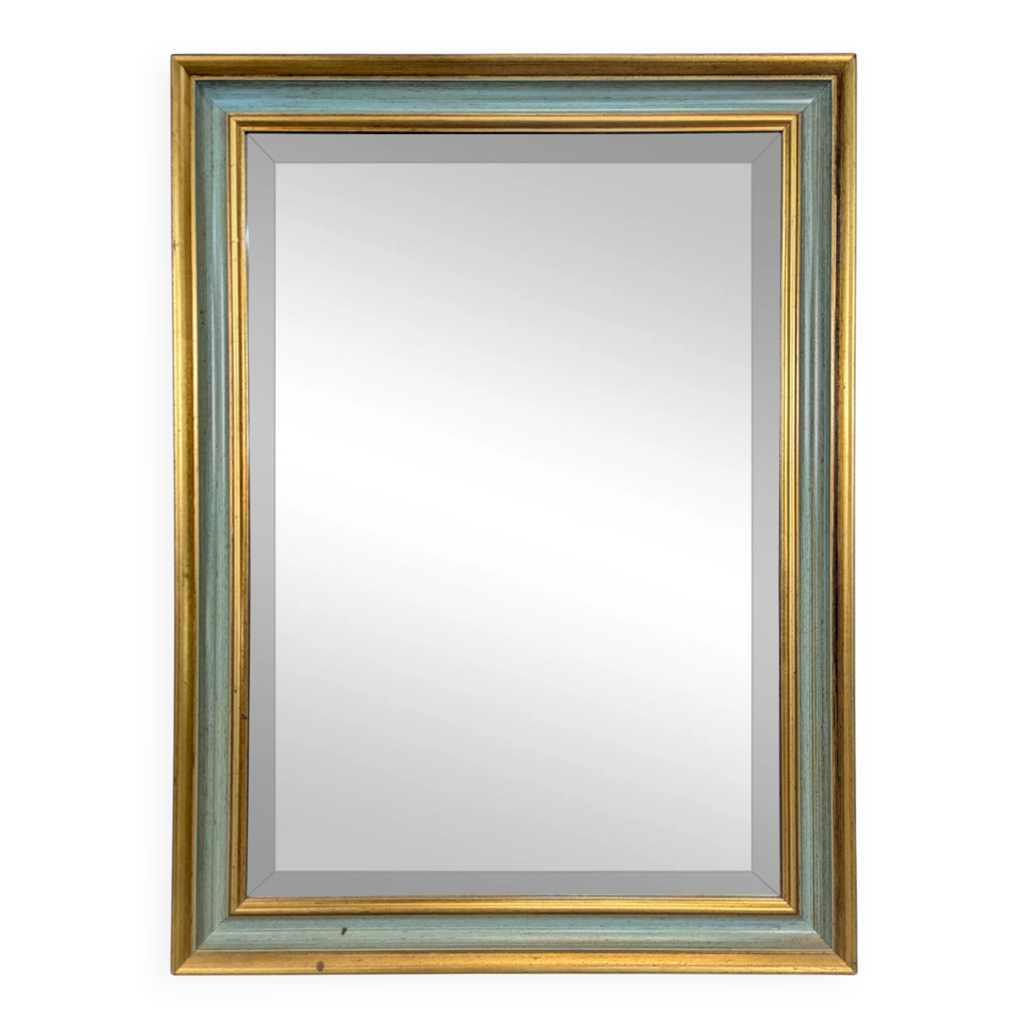 Rectangular mirror with a green and gold lacquered frame.