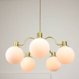 Italian Mid century Modern Chandelier in Brass and Opaline Glass, 1960s