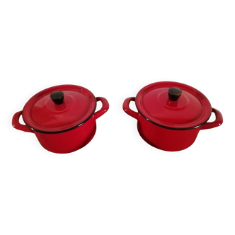 Two small red enameled steel pots made in Yugoslavia