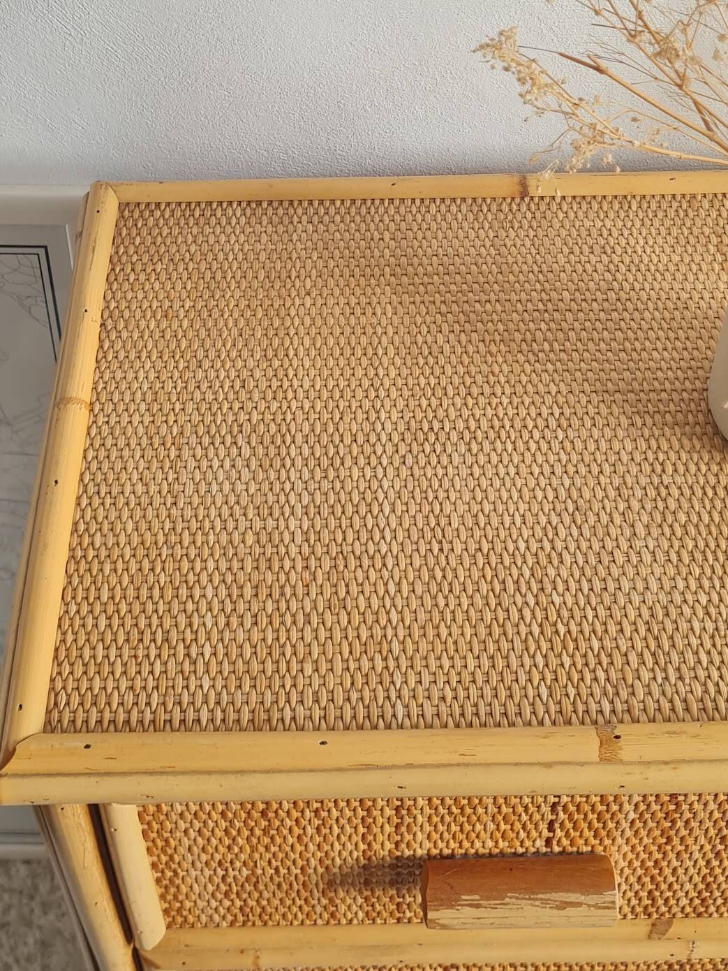 Vintage rattan chest of drawers from the 1970s.