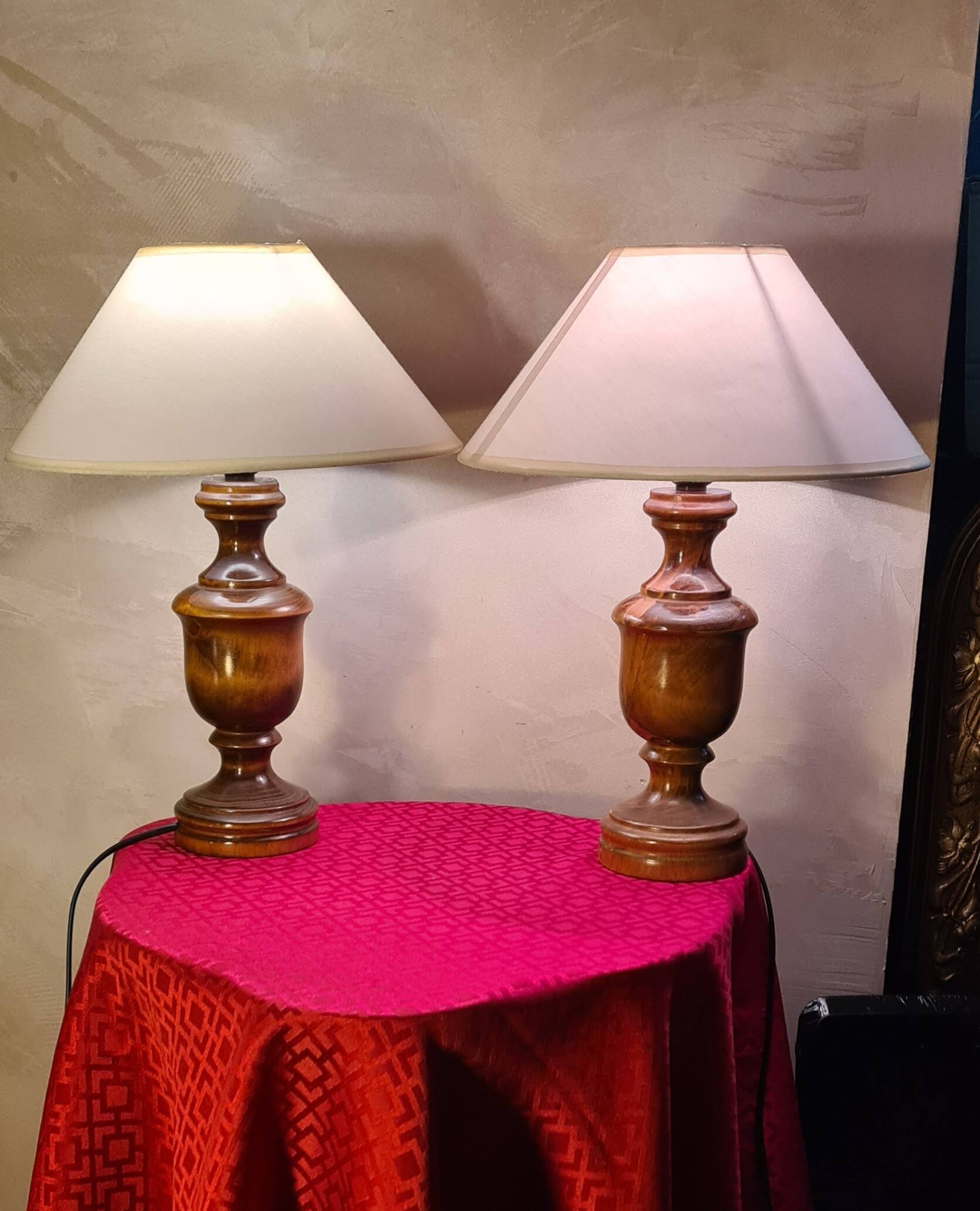 Pair of varnished wooden lamps 42x30 new electric lampshades