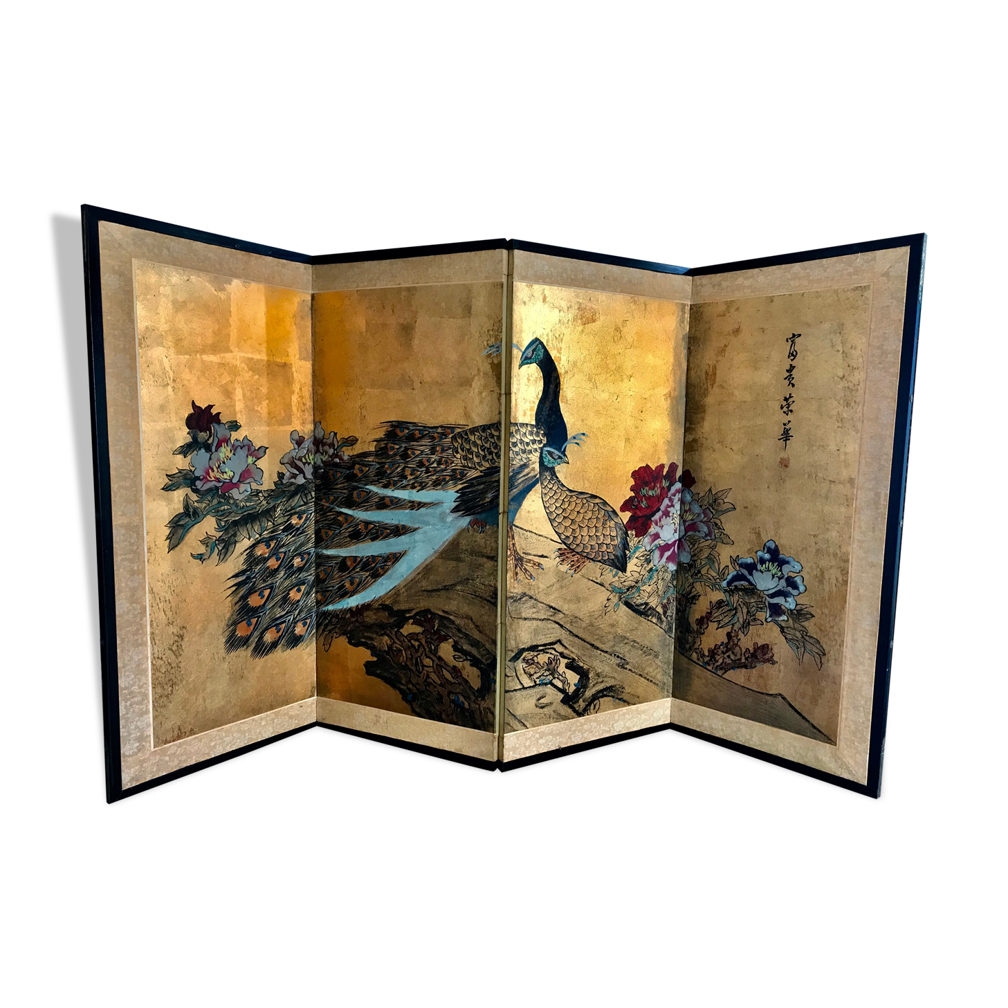 Paravent chinois ancien à décors de paons et de fleurs sur feuilles d'or