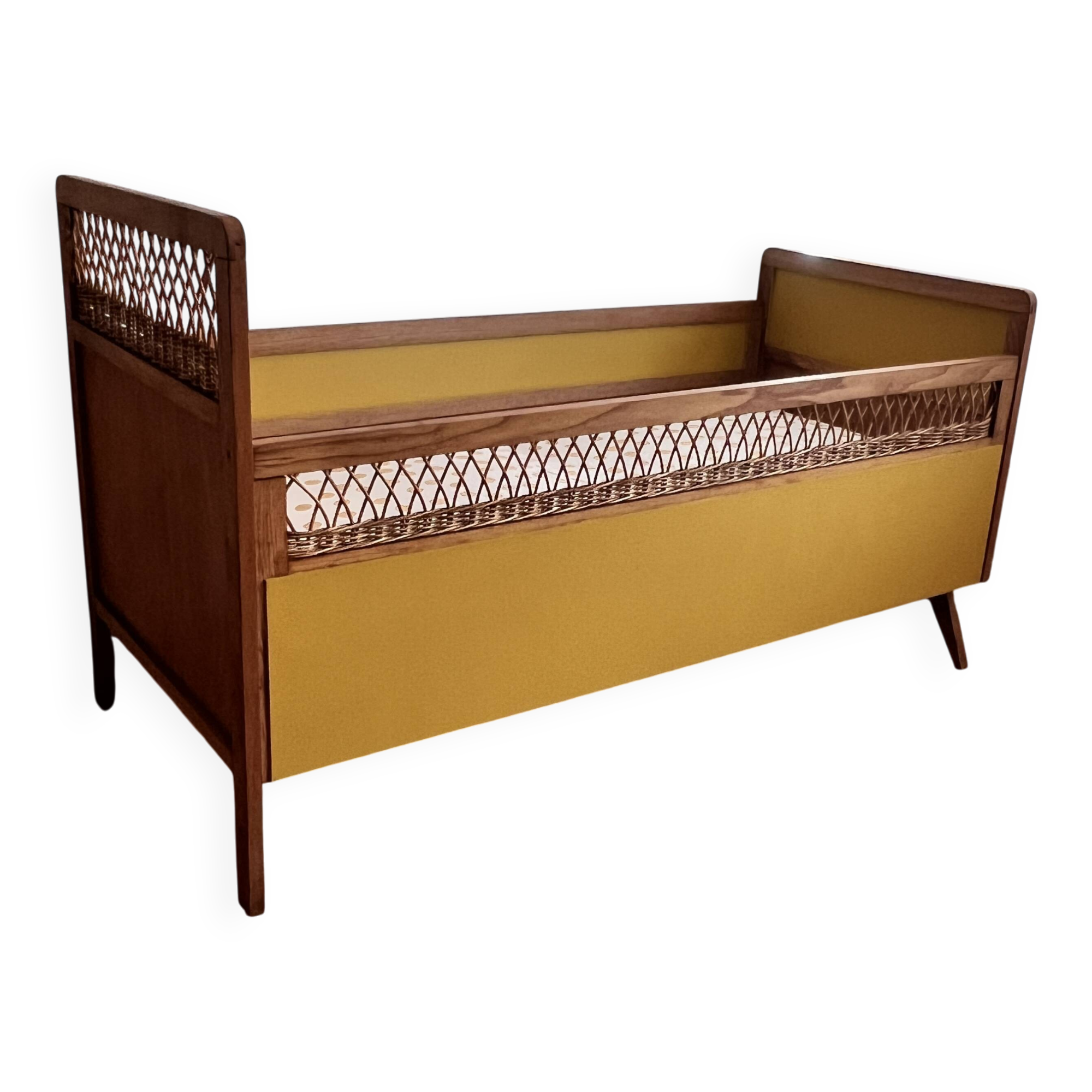 Vintage rattan and wood baby bed