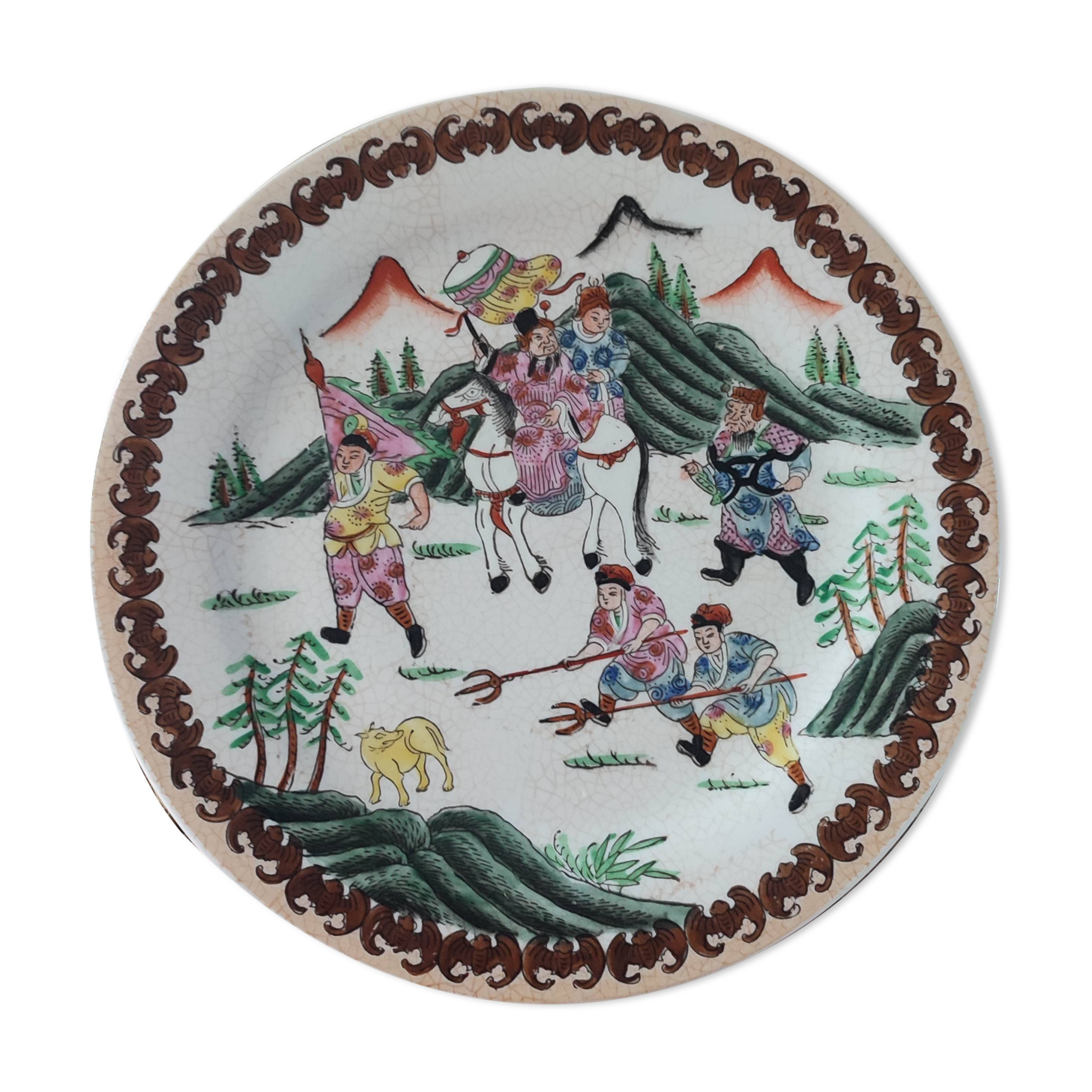Magnificent vintage decorative plate signed in earthenware with Asian decor.