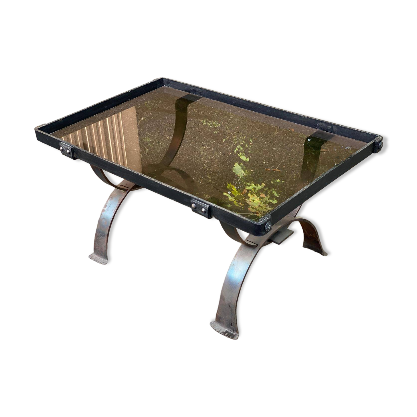 Table basse vintage en fer forgé et verre