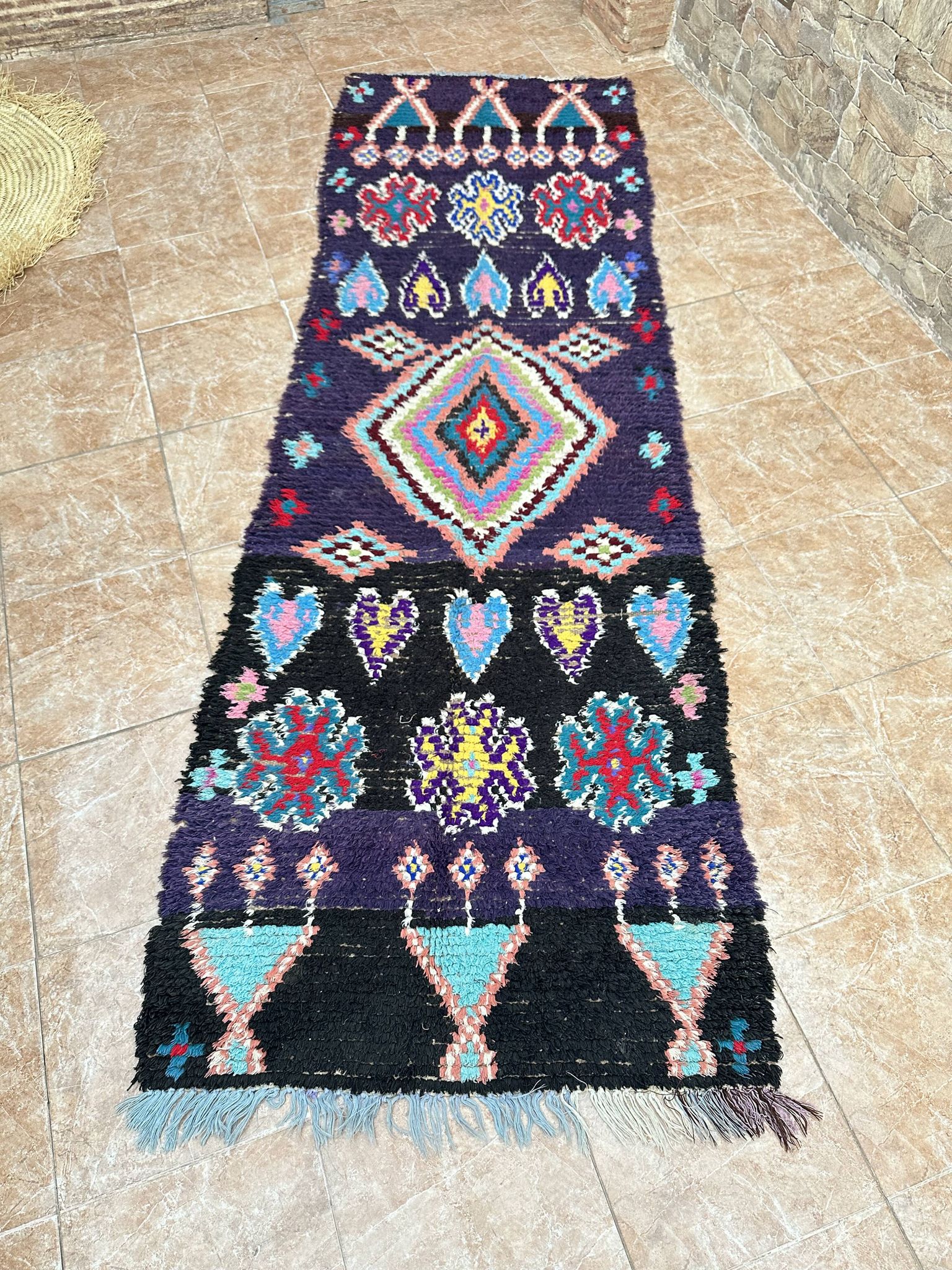 Vintage Boucherouite hallway runner: Moroccan Berber rug