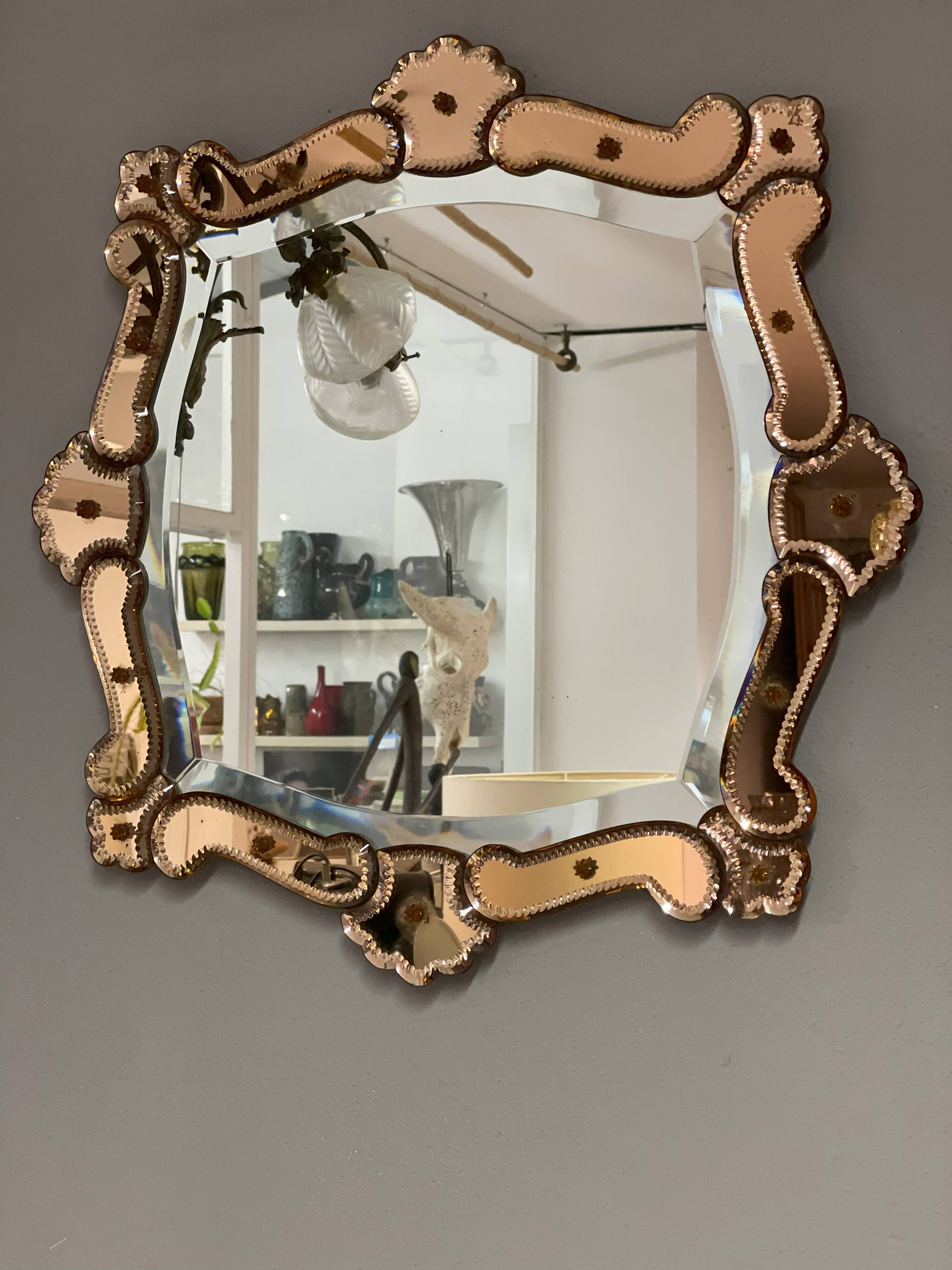 Venetian Quadratic Mirror with Rosé Rauchglass Frame