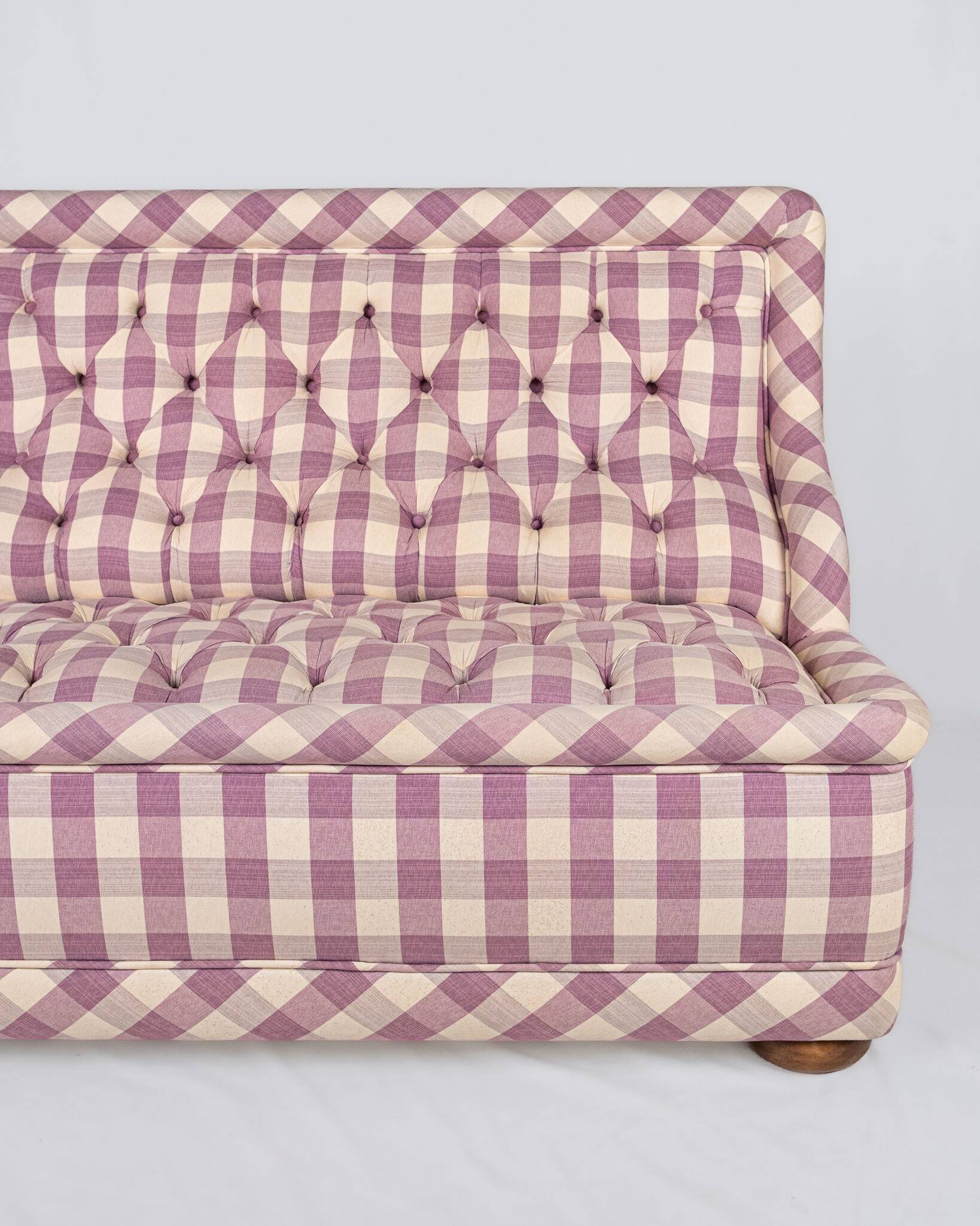 Upholstered bench in mauve and cream Vichy fabric, France, 1970s