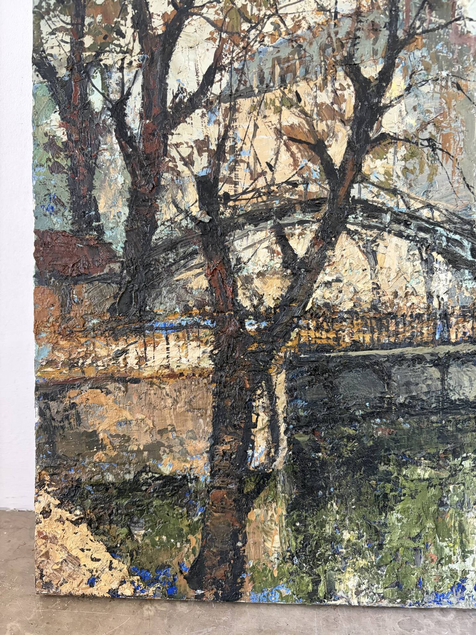 Saint Martin Canal in Paris, knife oil painting signed L Guerbier.