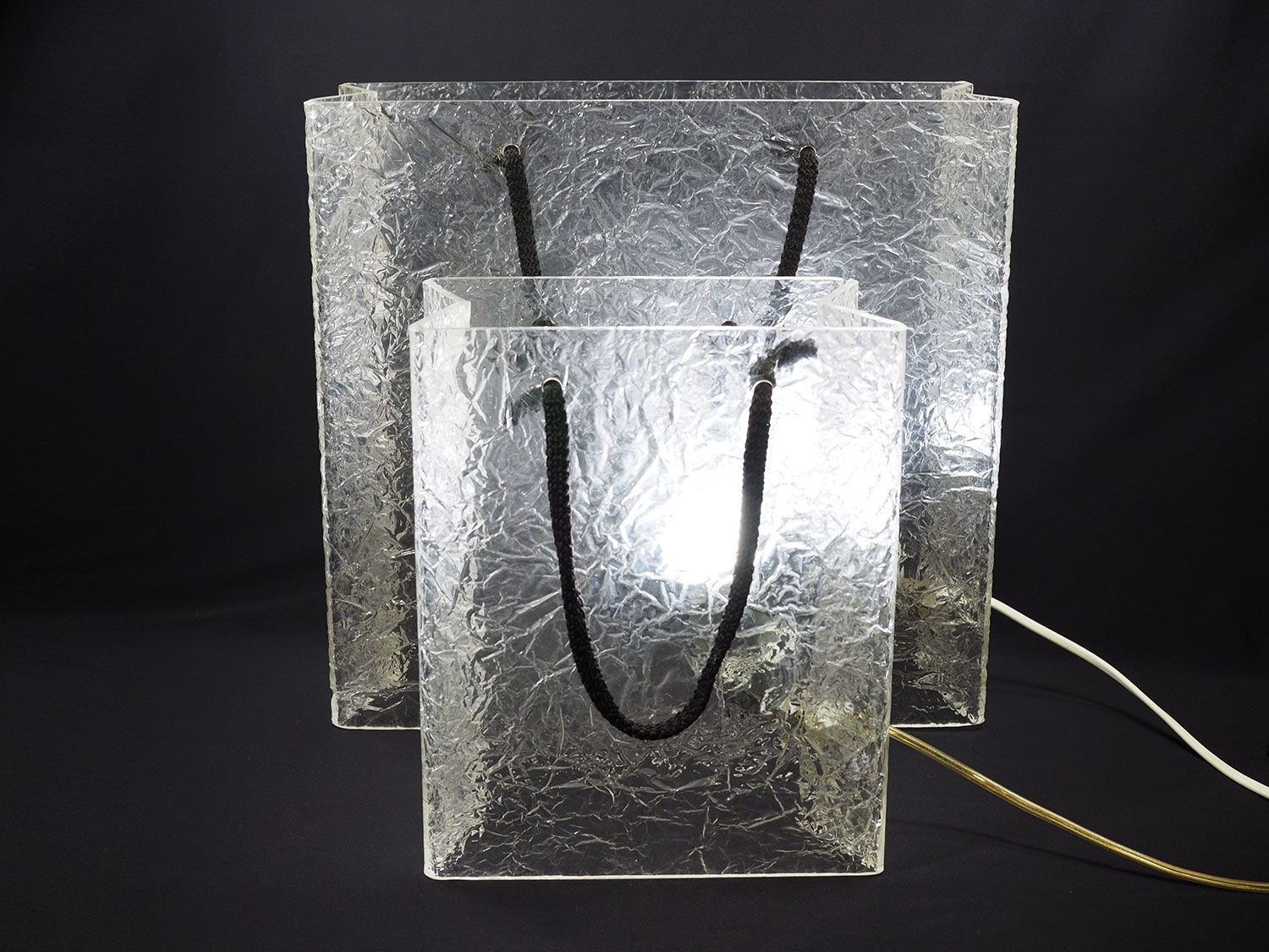 Lucite shopping bag lamps mid-century, set of 2