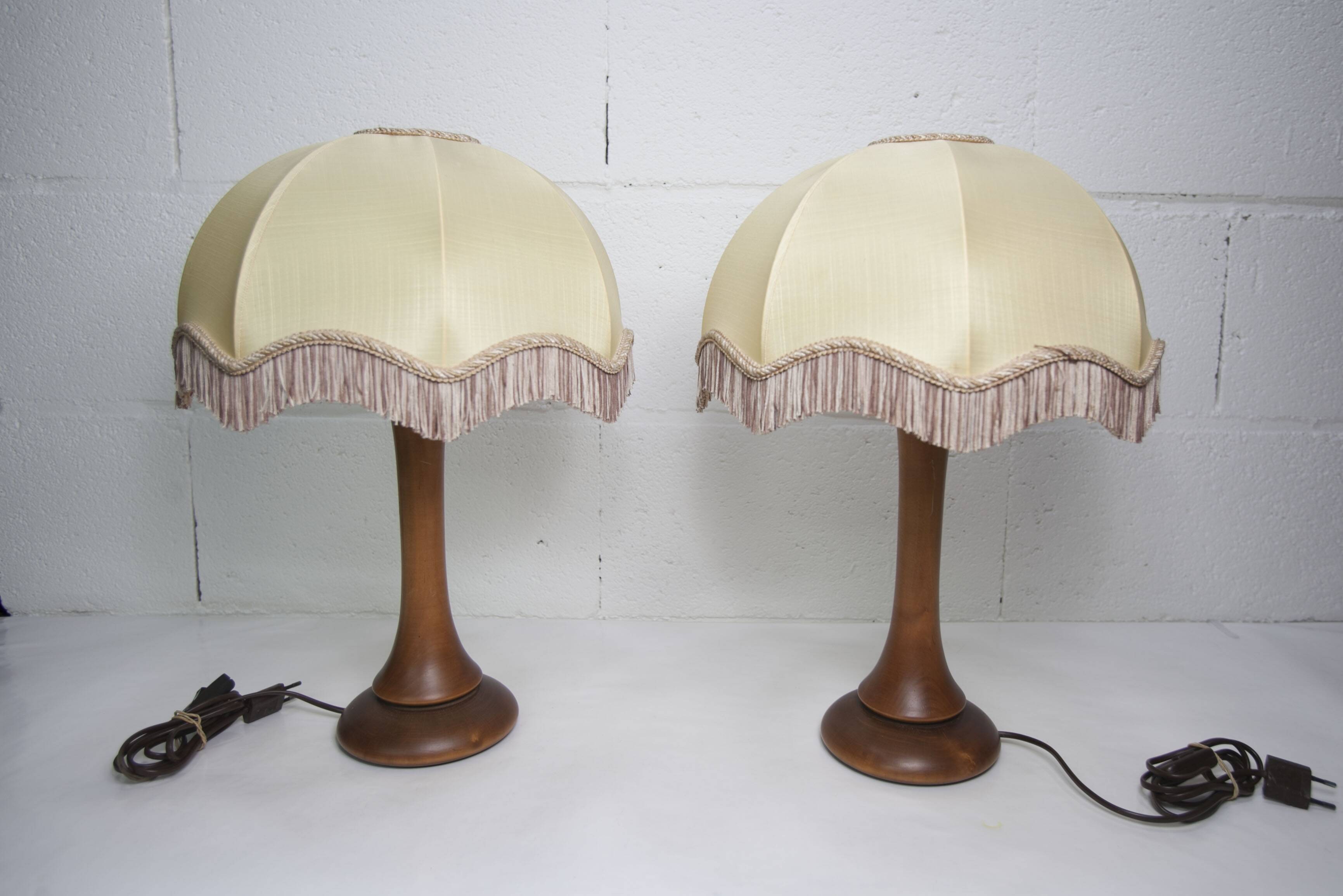 Pair of 1930s Art Deco bedside lamps with fringes, solid wood legs 52cm