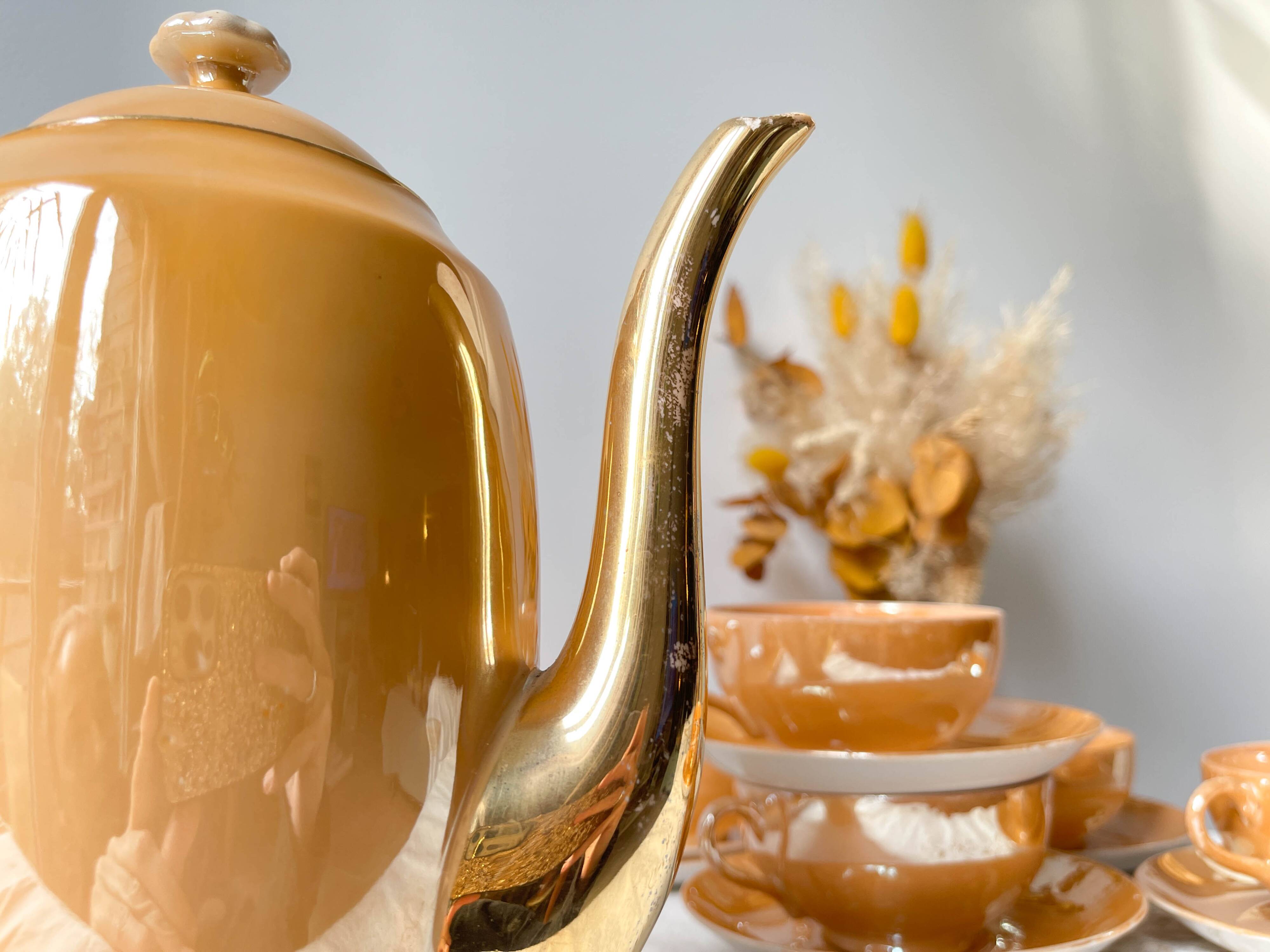 Vintage Czecho-Slovakia Victoria China Iridescent Peach Lustre Tea Set 1950s