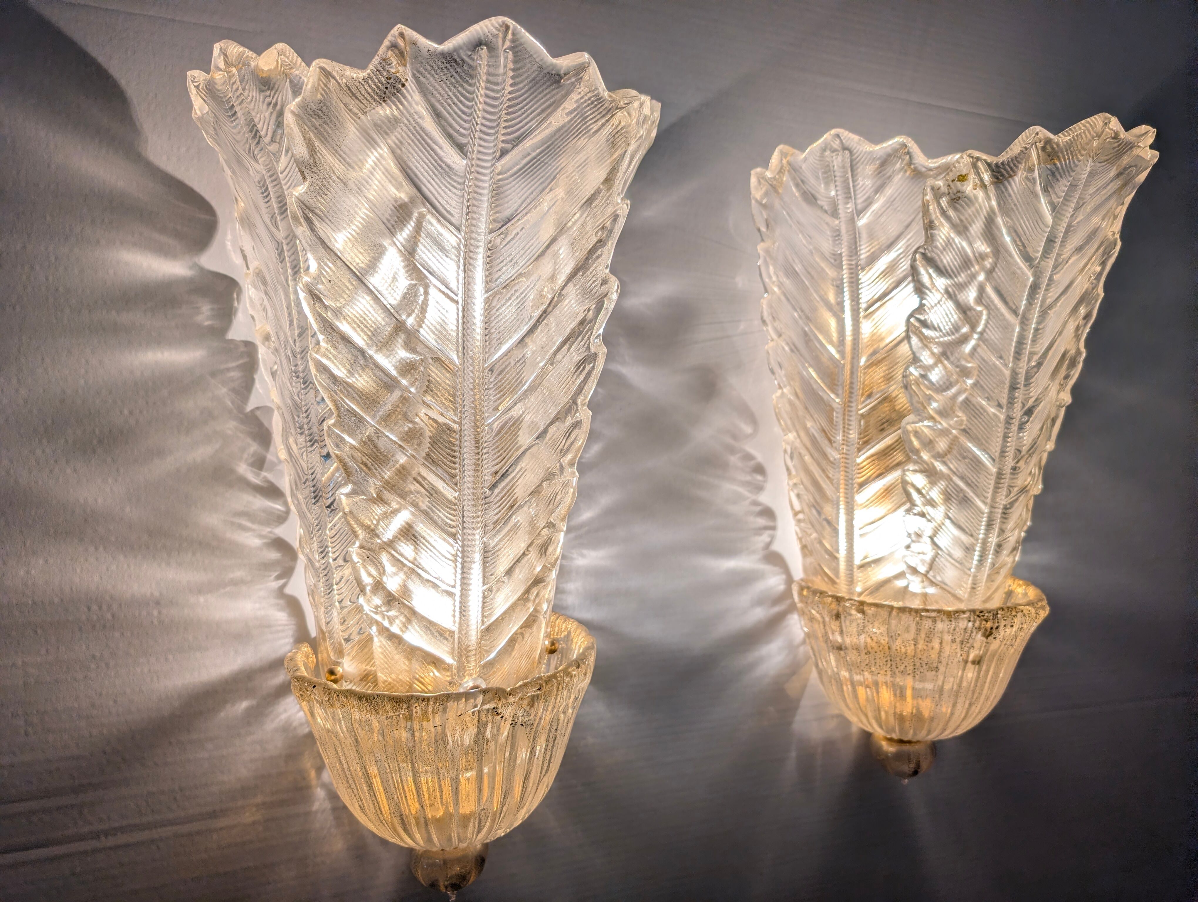 Paire de grands appliques murales Barovier & Toso Foglia d’Oro, années 1980.