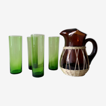 Pitcher and glasses blown glass and rattan 60s