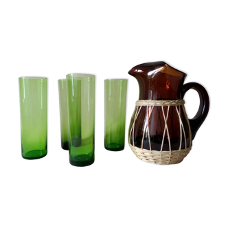 Pitcher and glasses blown glass and rattan 60s