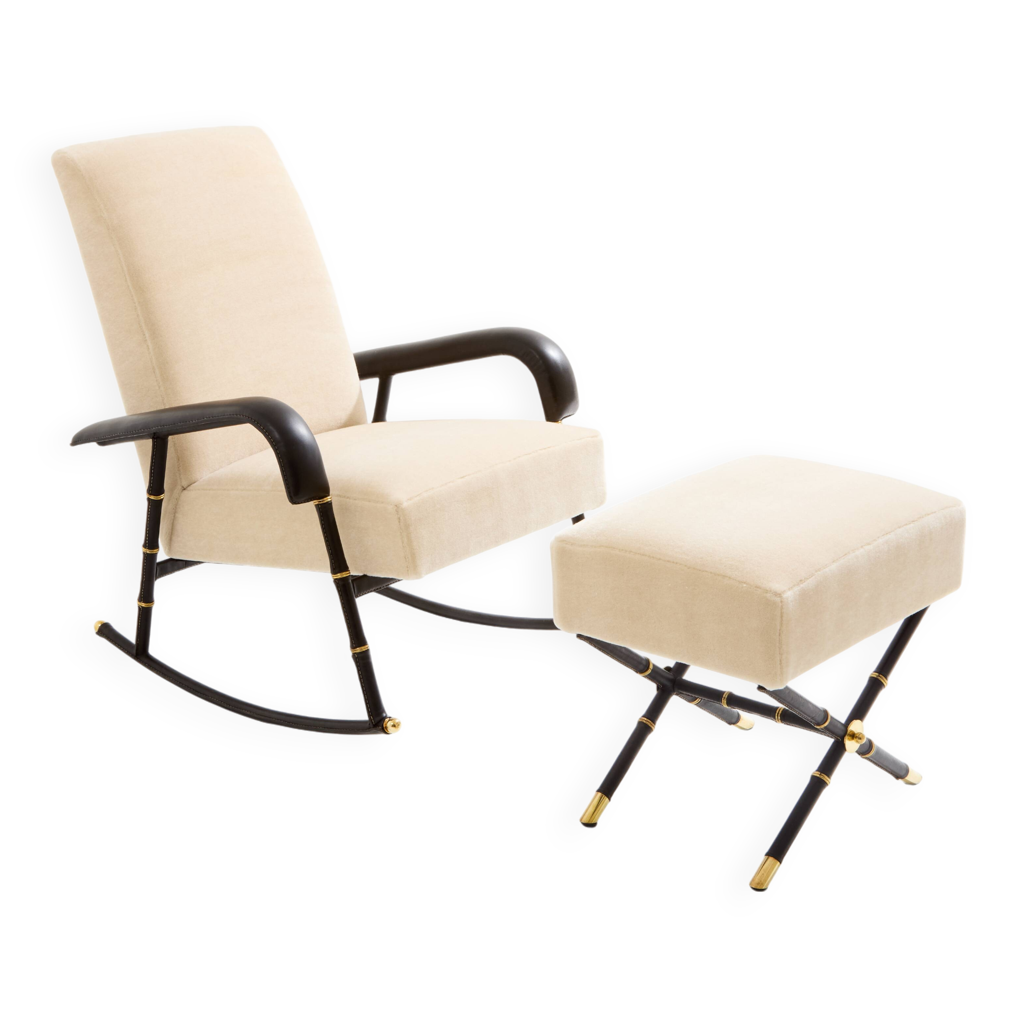 Jacques Adnet Fauteuil à bascule et ottoman cuir et velours de mohair 1950